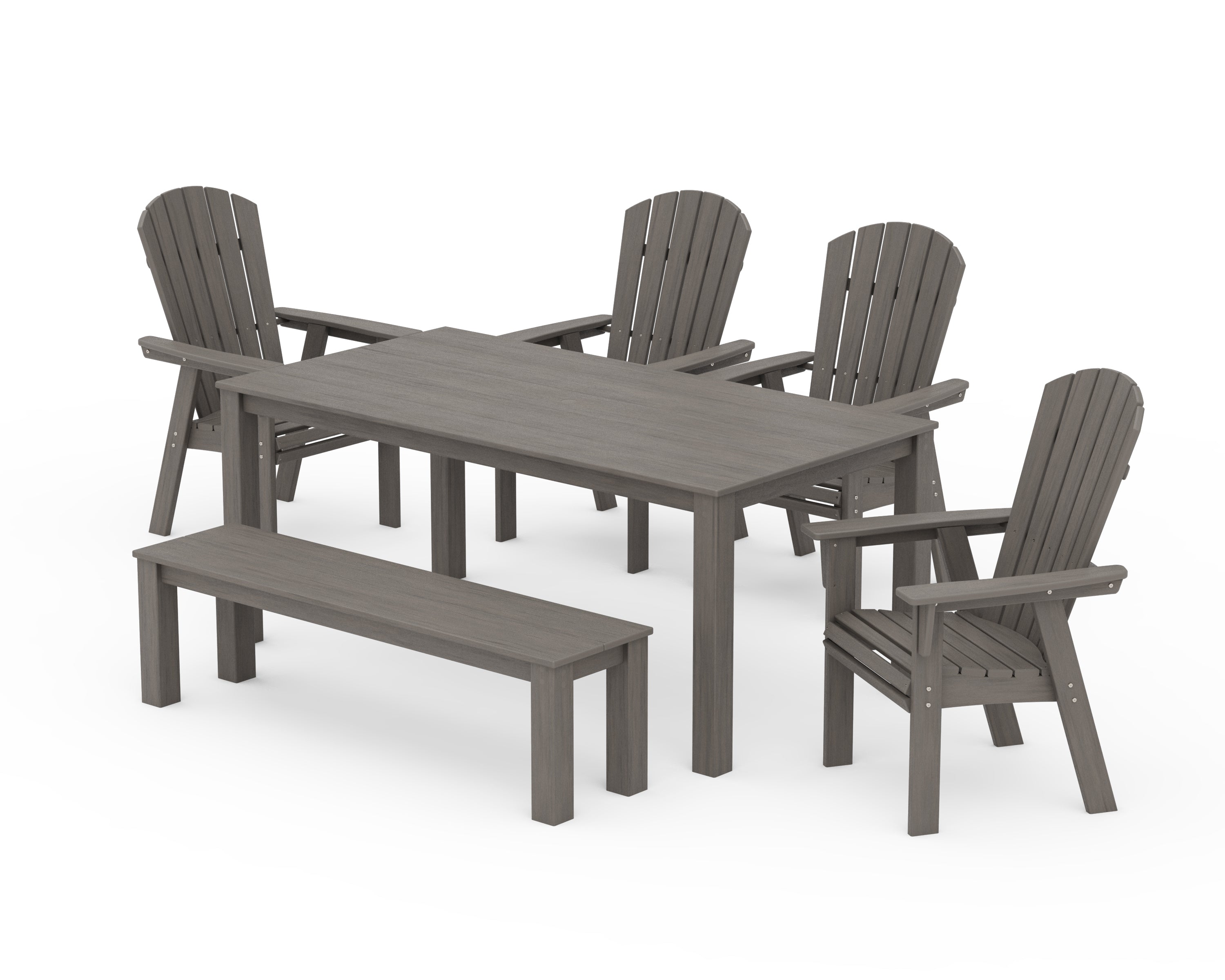 POLYWOOD Nautical Curveback Adirondack 6-Piece Parsons Dining Set with Bench in Driftwood