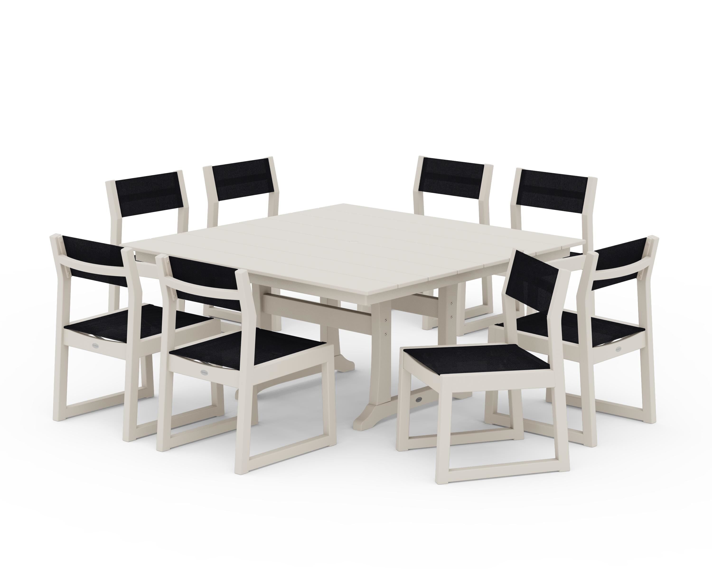 POLYWOOD EDGE Sling Side Chair 9-Piece Farmhouse Trestle Dining Set in Sand / Black Sling