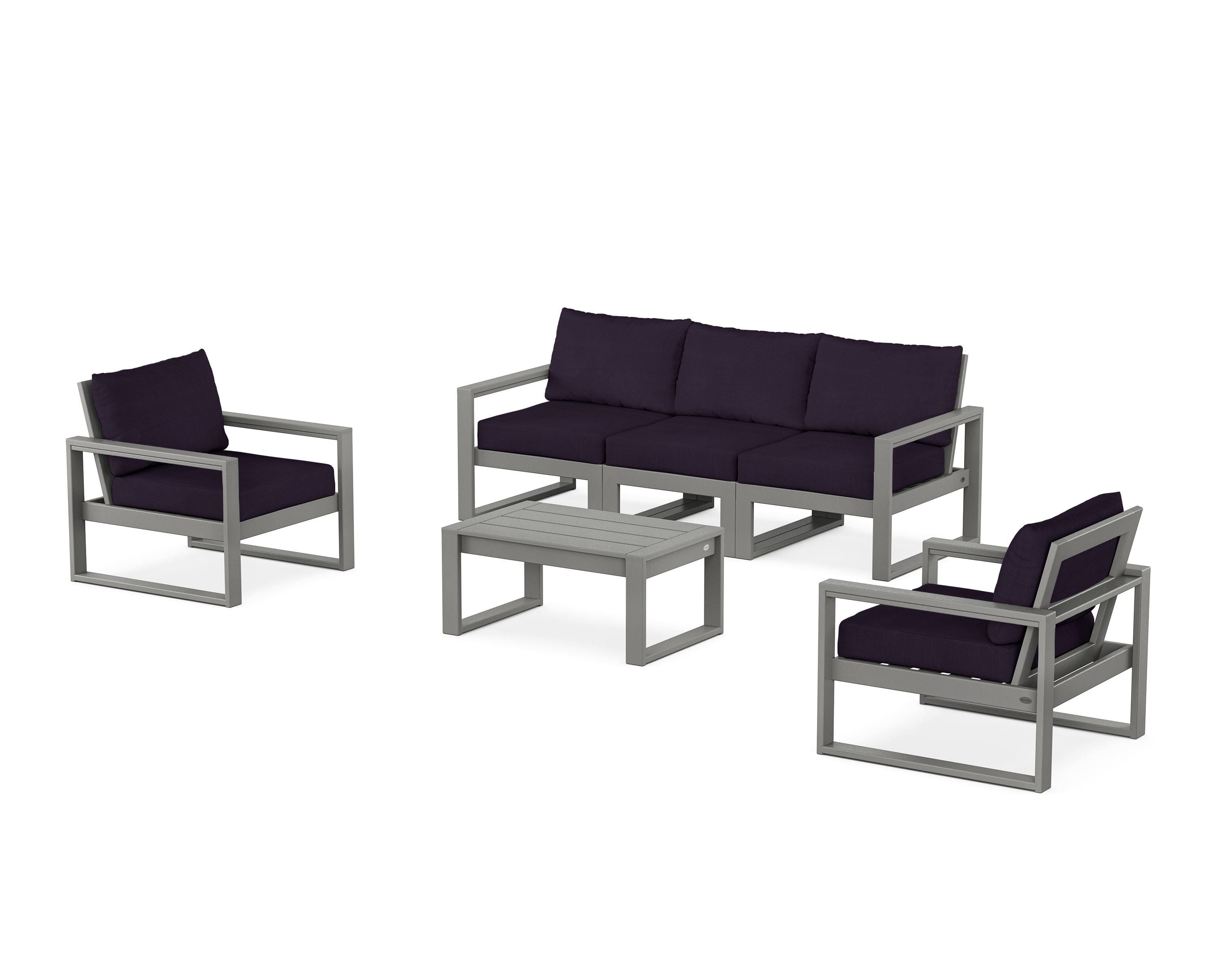 POLYWOOD EDGE Sectional 4-Piece Deep Seating Set with Sofa in Slate Grey / Navy Linen