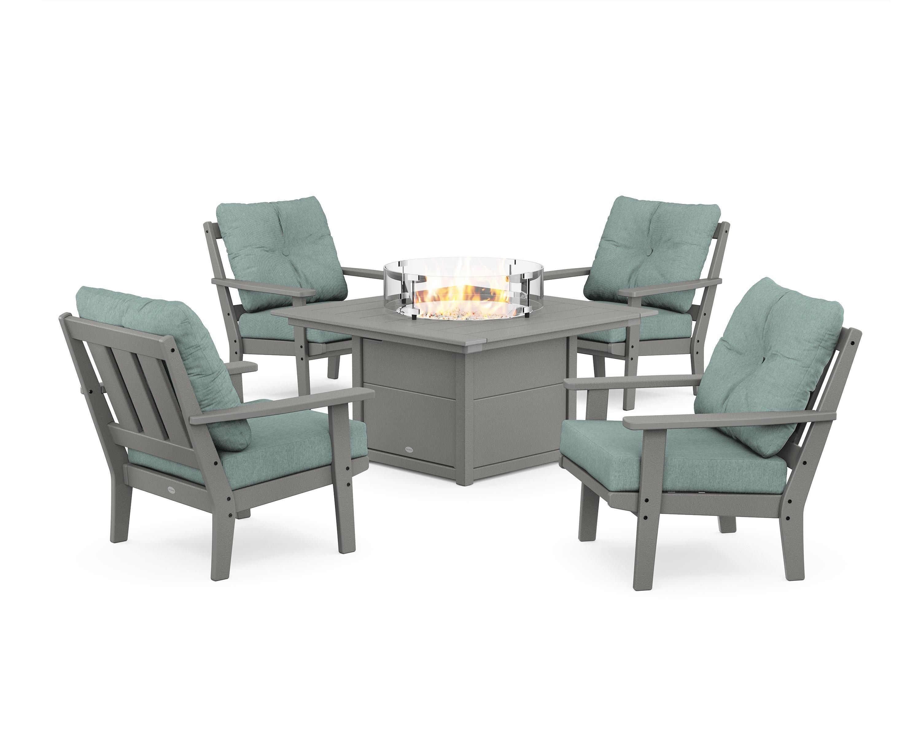POLYWOOD Oxford 5-Piece Deep Seating Set with Fire Pit Table in Slate Grey / Glacier Spa