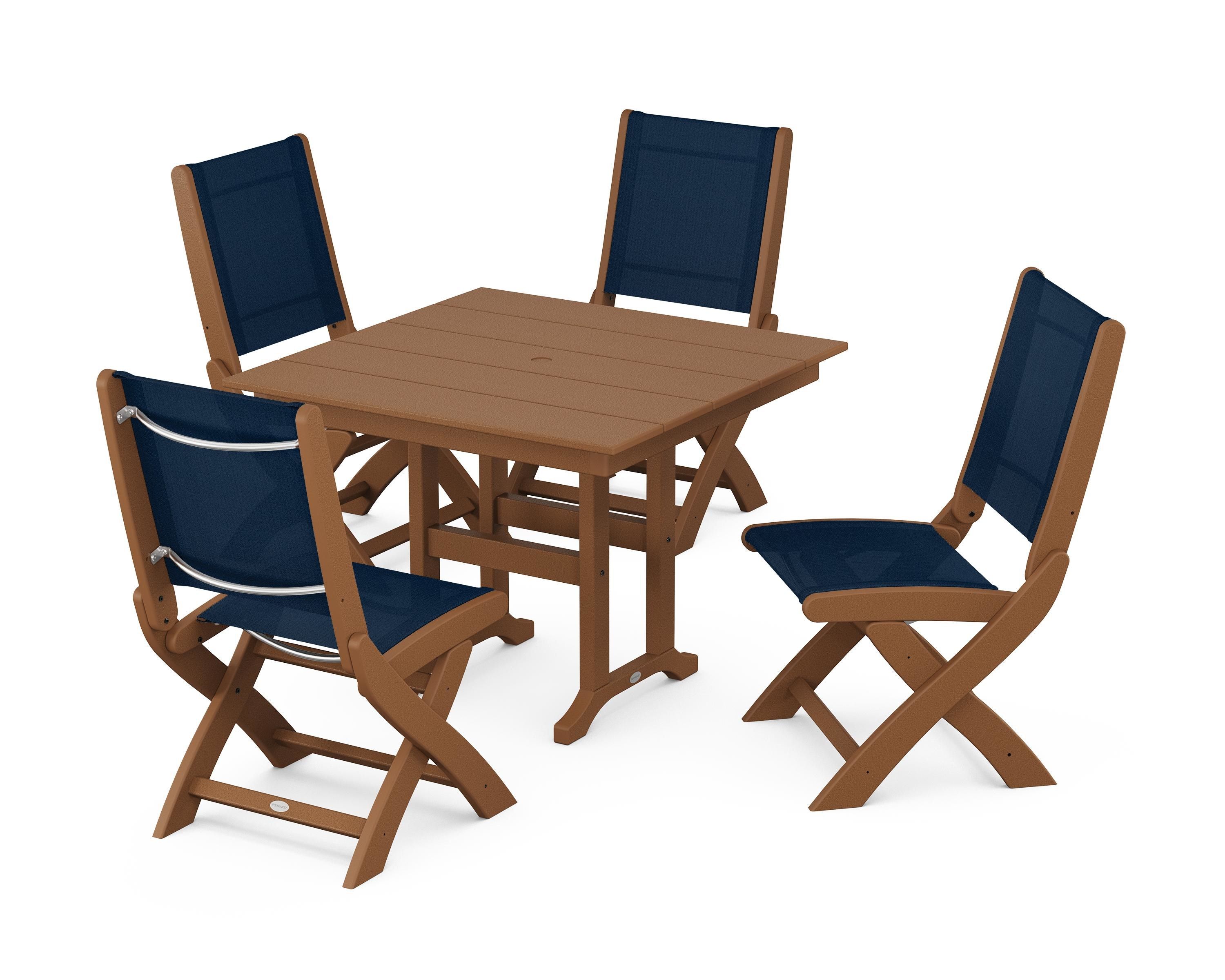 POLYWOOD Coastal Folding Side Chair 5-Piece Farmhouse Dining Set in Teak / Navy Blue Sling