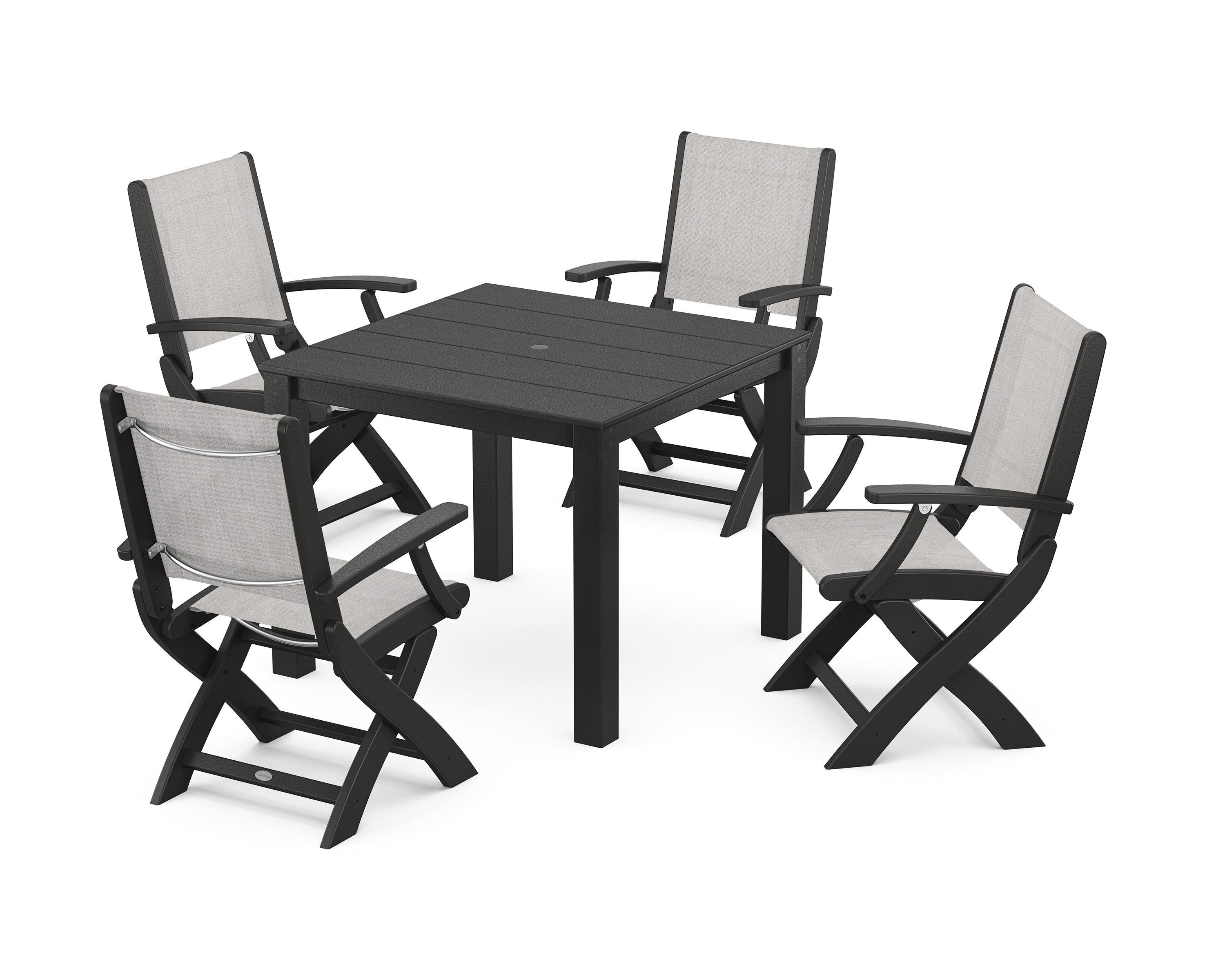 POLYWOOD Coastal Folding Chair 5-Piece Parsons Dining Set in Black / Parchment Sling