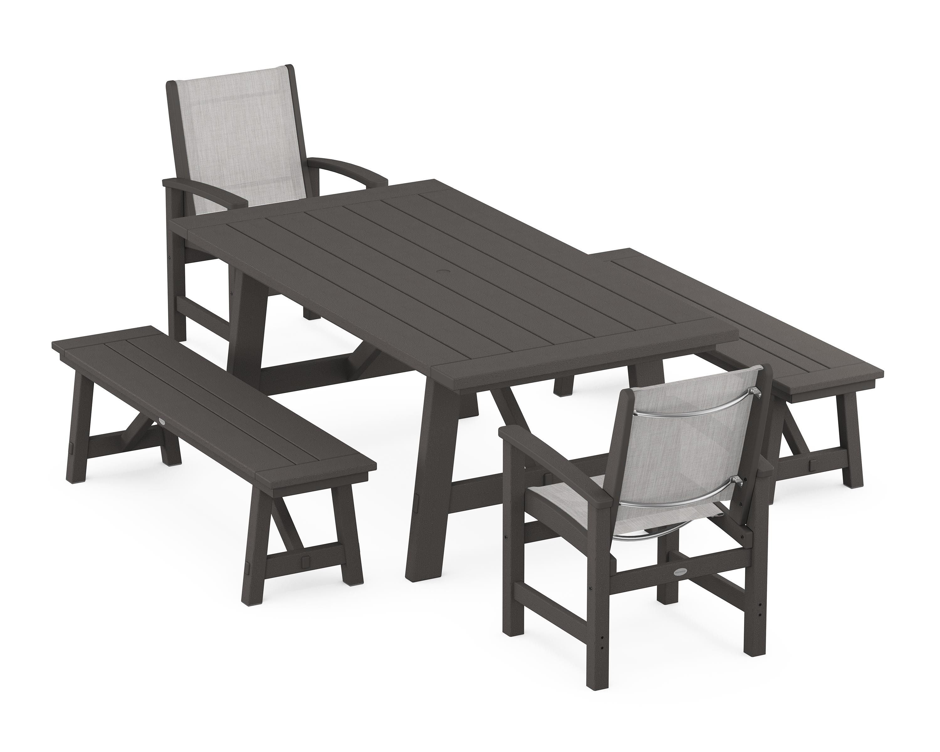 POLYWOOD Coastal 5-Piece Rustic Farmhouse Dining Set With Benches in Vintage Coffee / Parchment Sling