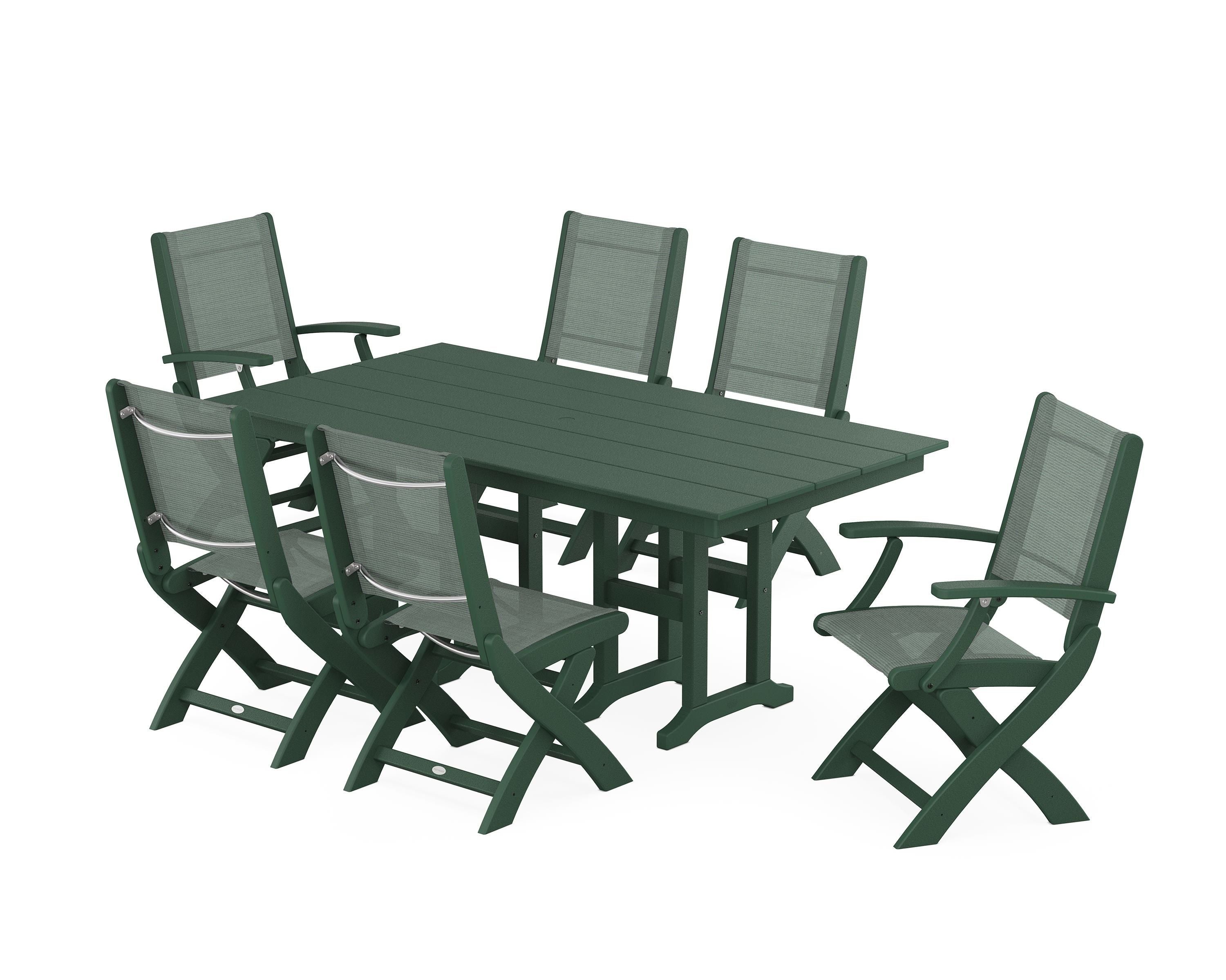 POLYWOOD Coastal Folding Chair 7-Piece Farmhouse Dining Set in Green / Dupioni Sea Mist Sling