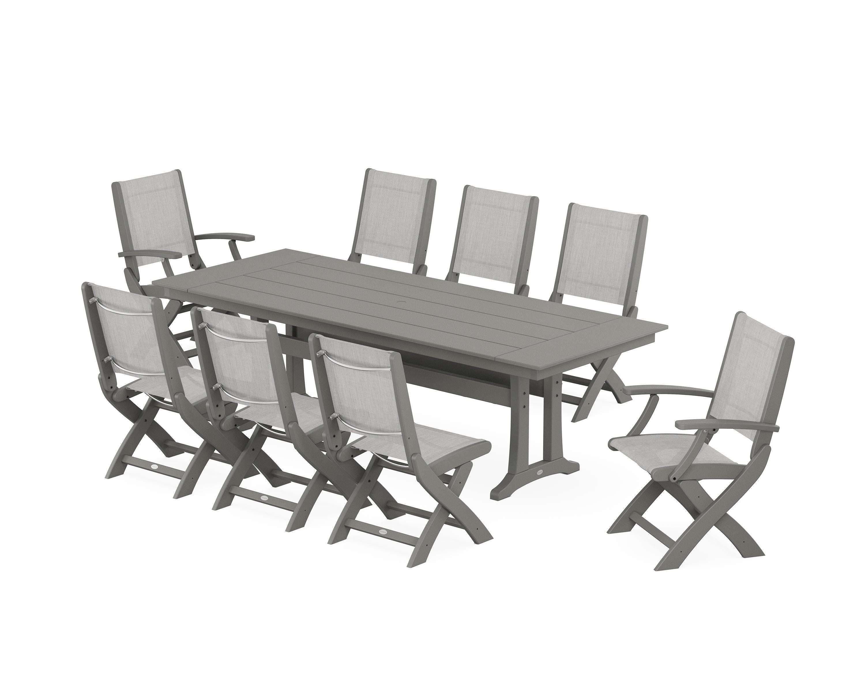 POLYWOOD Coastal 9-Piece Folding Dining Chair Farmhouse Dining Set with Trestle Legs in Slate Grey / Parchment Sling