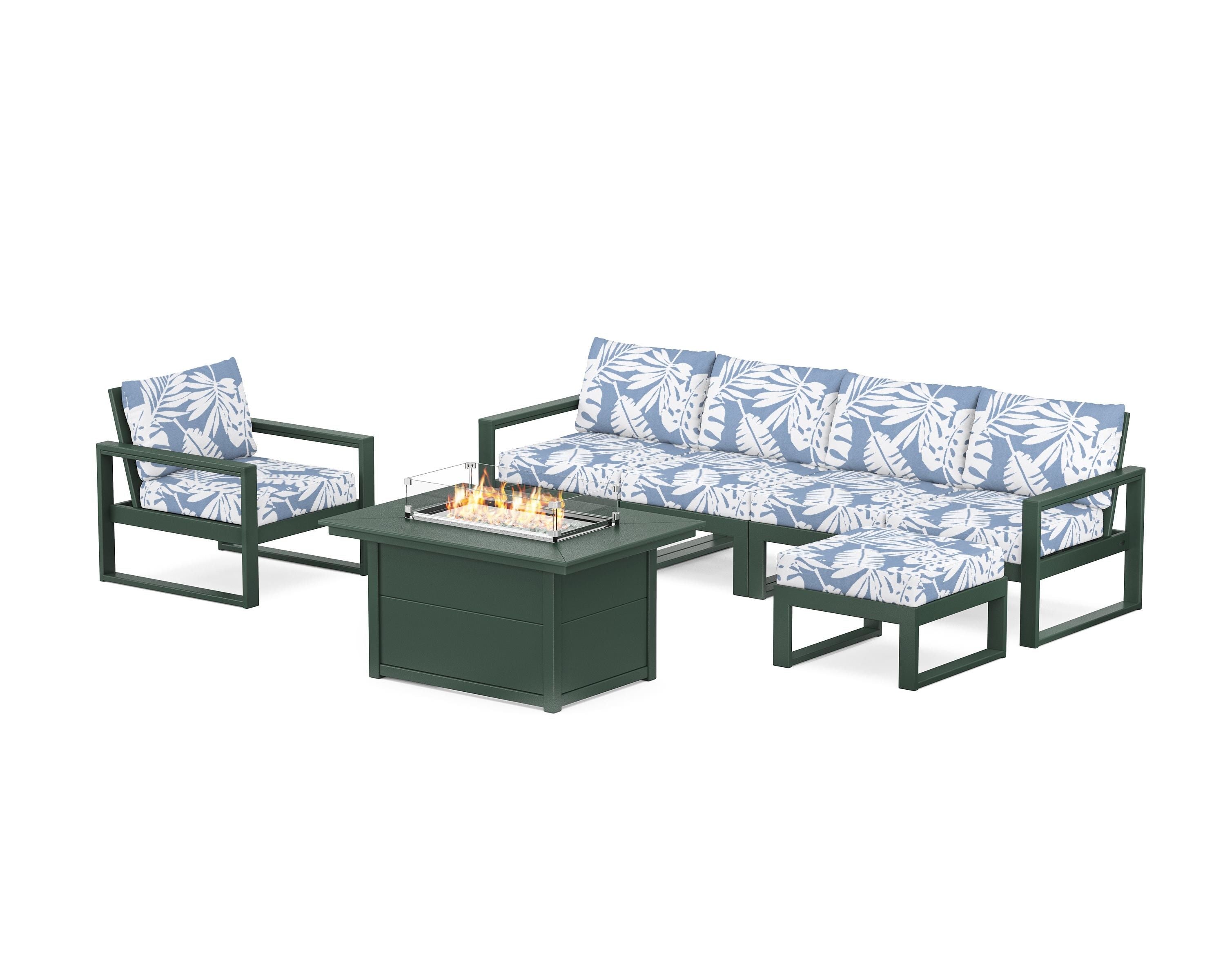 POLYWOOD EDGE Sectional Lounge and Fire Pit Set in Green / Leaf Sky Blue