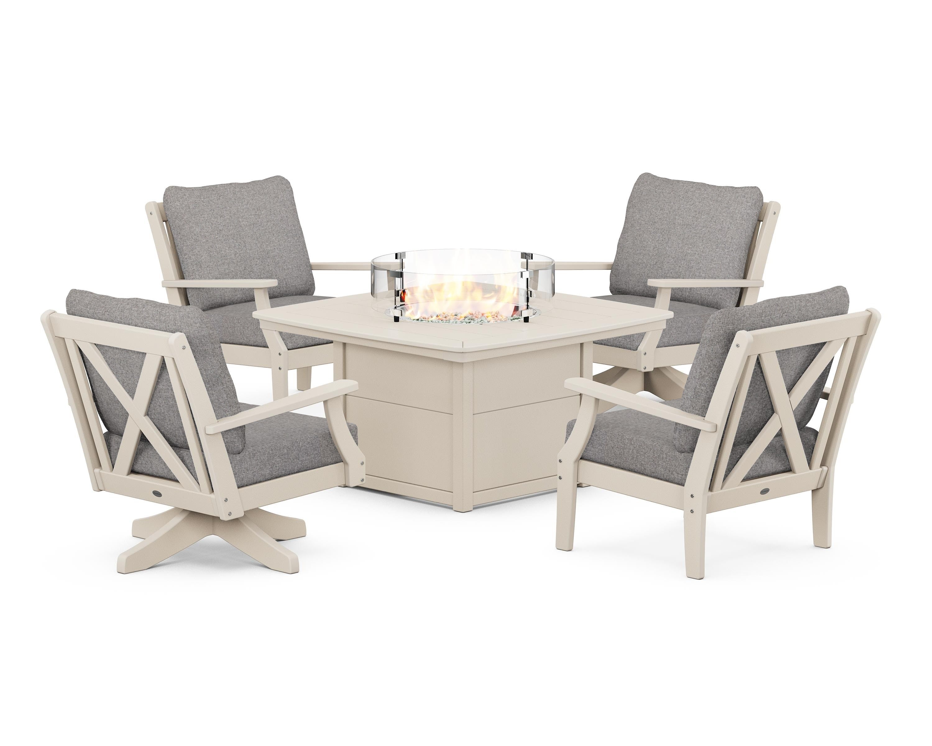 POLYWOOD Braxton 5-Piece Deep Seating Set with Fire Table in Sand / Grey Mist