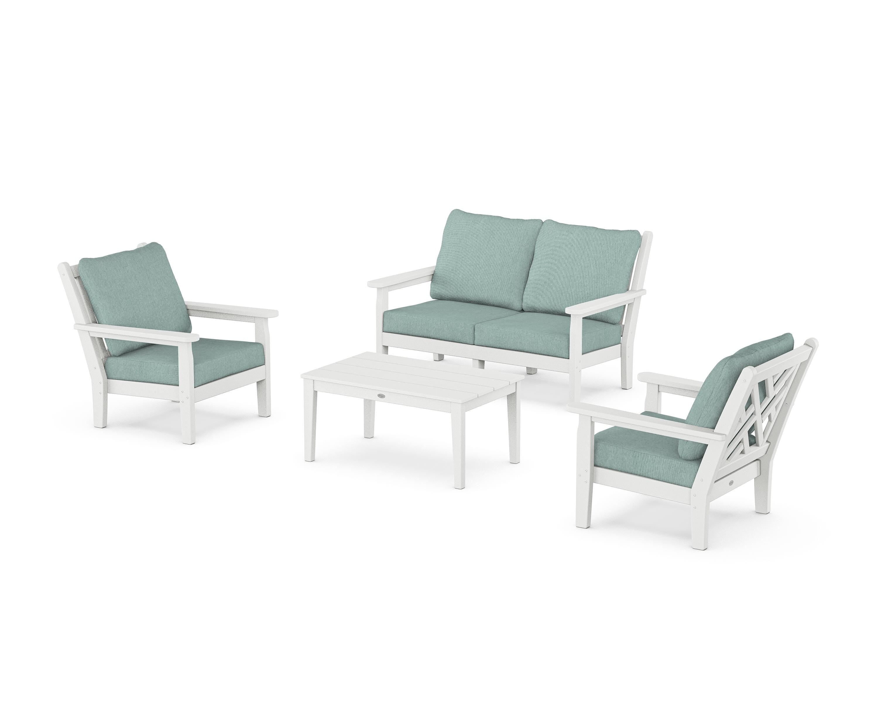POLYWOOD Chippendale 4-Piece Deep Seating Set with Loveseat in White / Glacier Spa