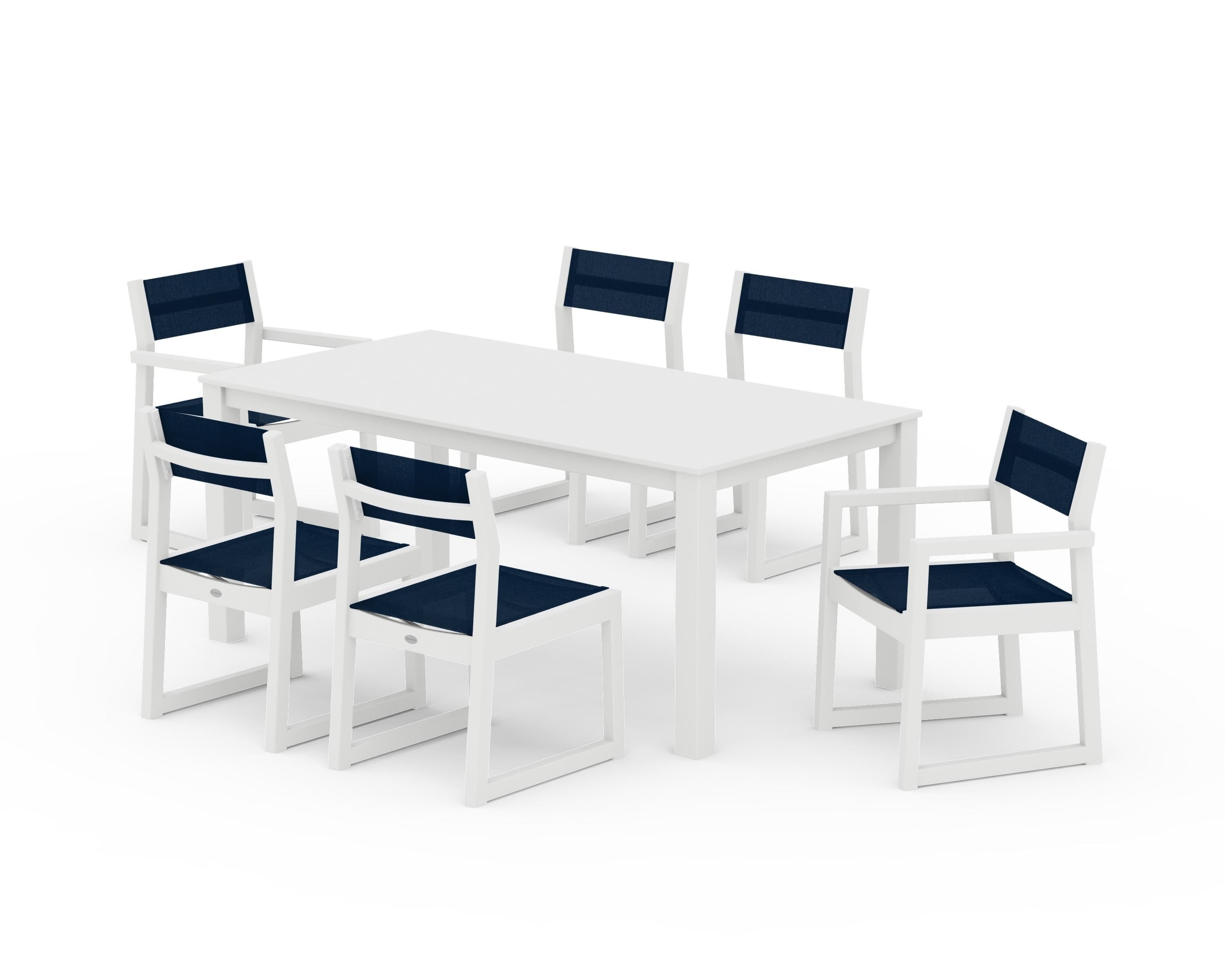 POLYWOOD EDGE Sling 7-Piece Parsons Dining Set in White / Navy Blue Sling