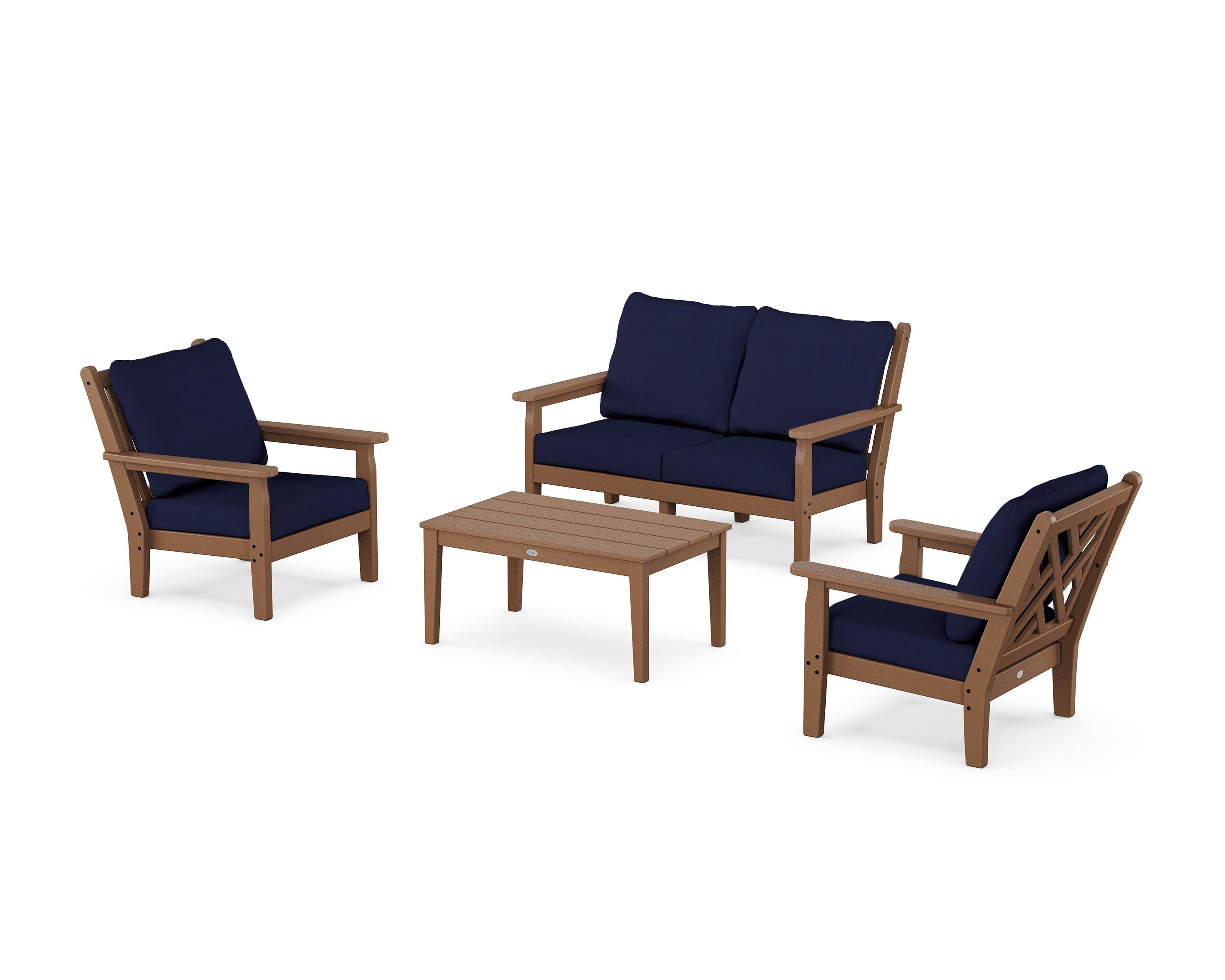 POLYWOOD Chippendale 4-Piece Deep Seating Set with Loveseat in Teak / Navy