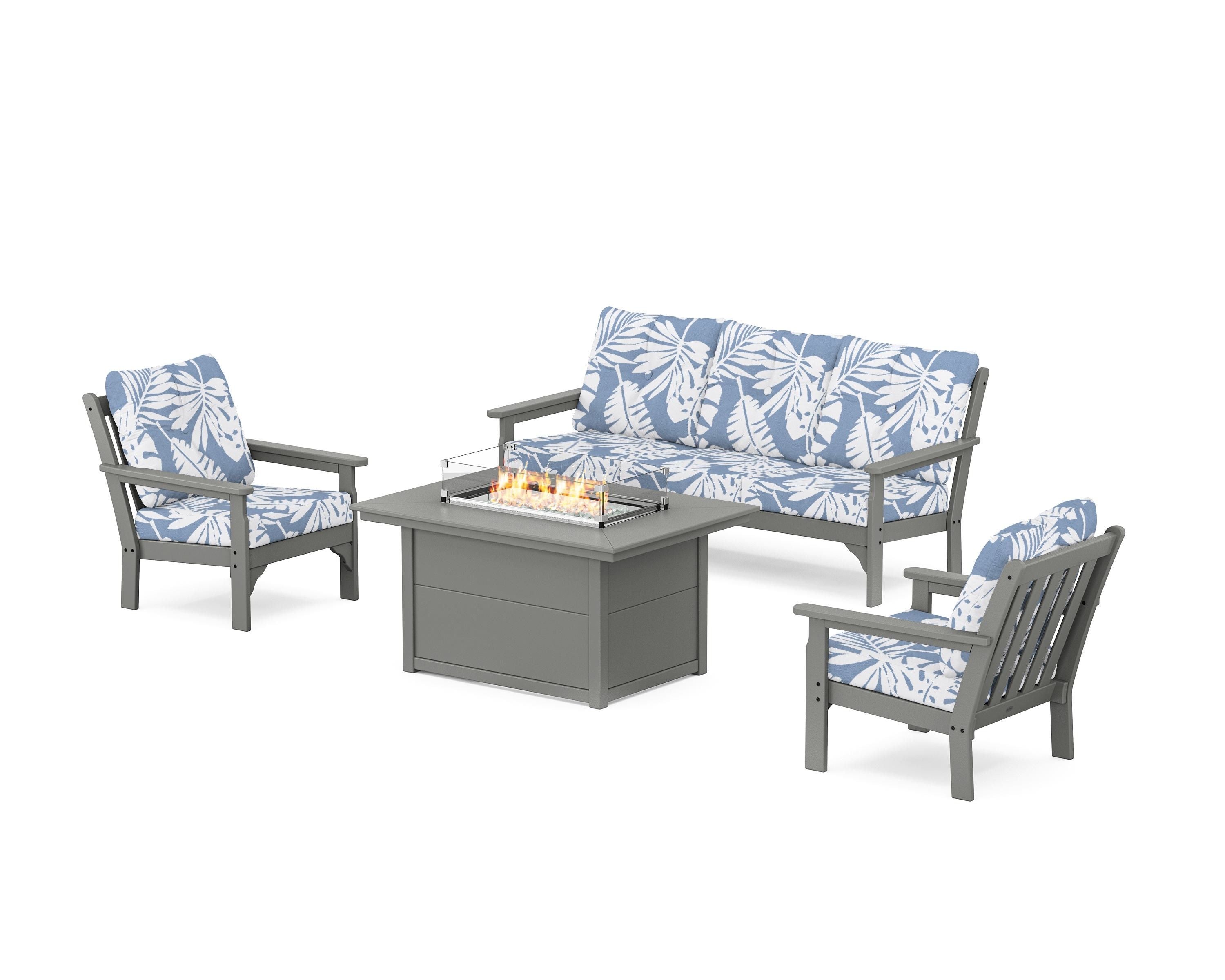 POLYWOOD Vineyard Deep Seating Fire Pit Table Set in Slate Grey / Leaf Sky Blue