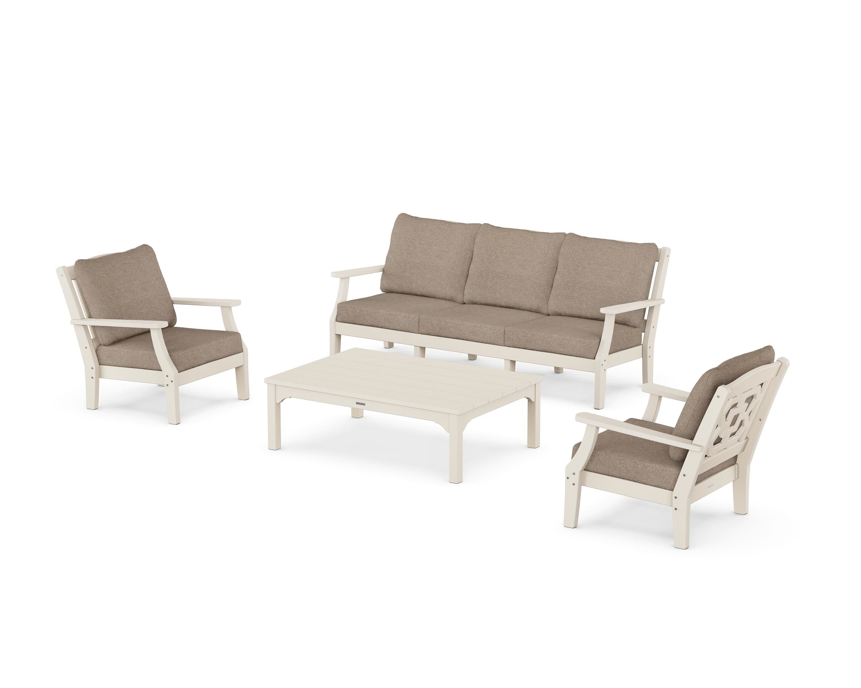 Martha Stewart by POLYWOOD Chinoiserie 4-Piece Deep Seating Set with Sofa in Sand / Spiced Burlap