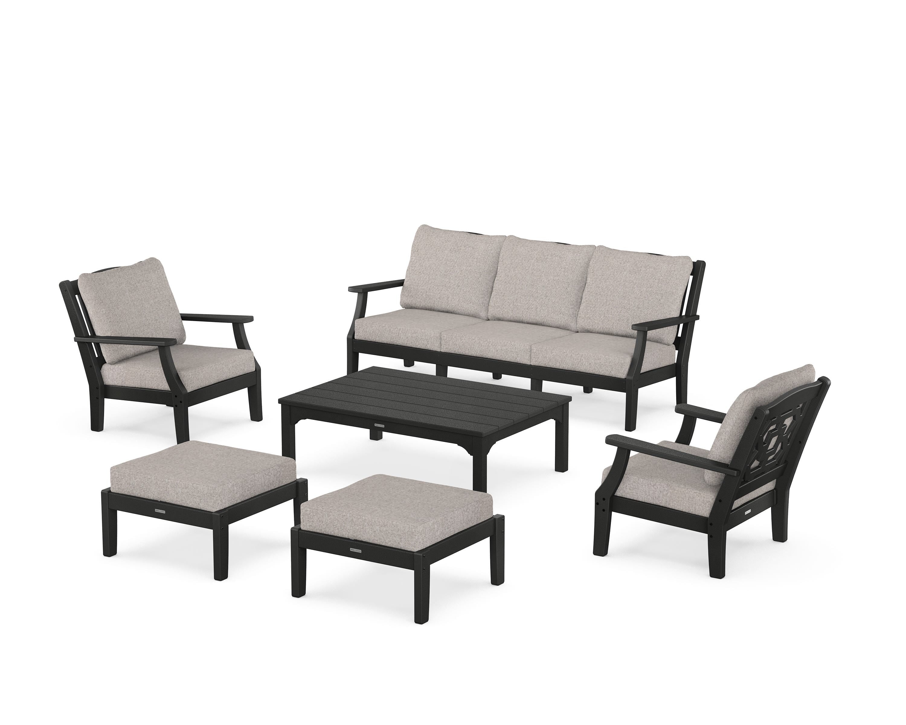 Martha Stewart by POLYWOOD Chinoiserie 6-Piece Lounge Sofa Set in Black / Weathered Tweed