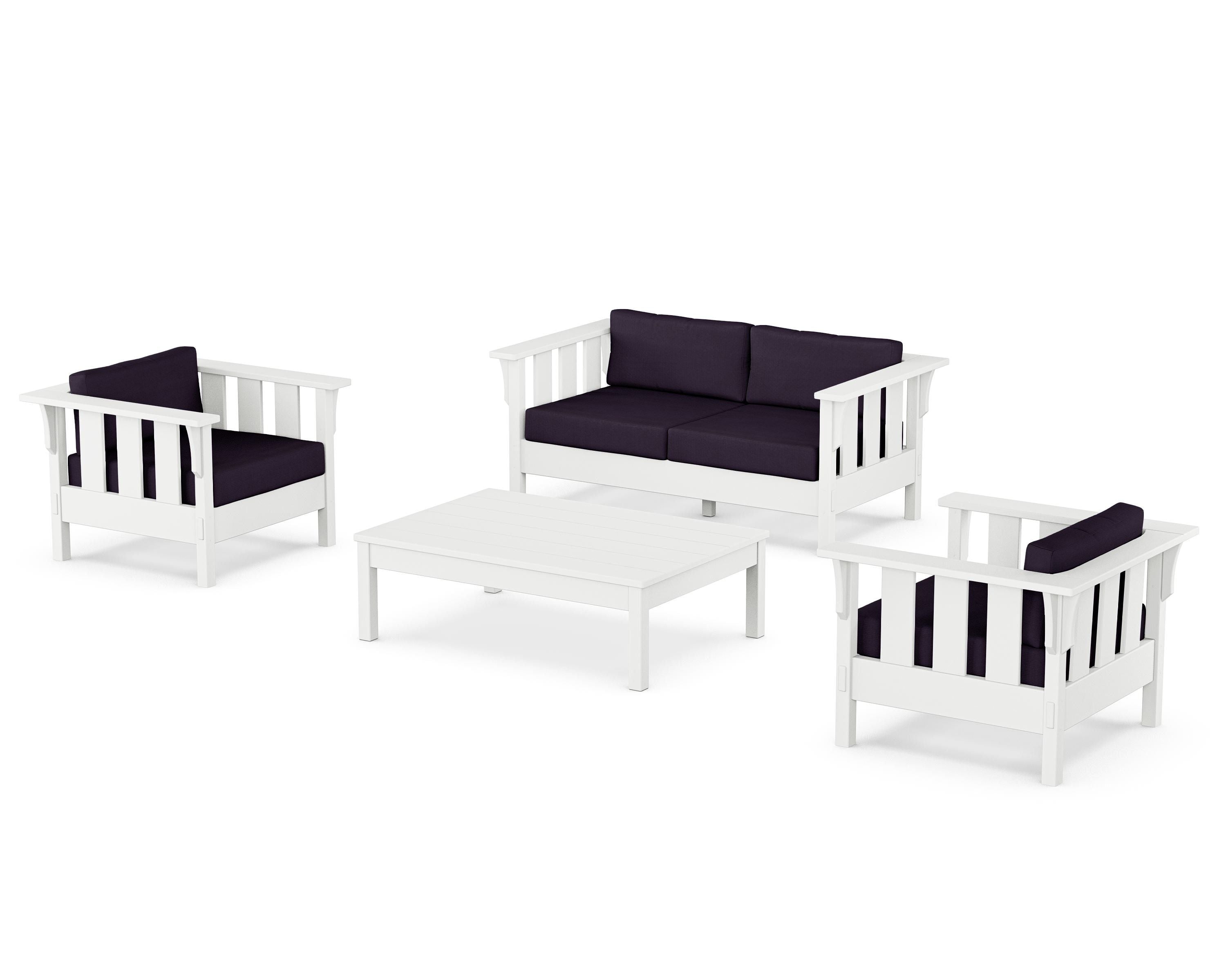 Martha Stewart by POLYWOOD Acadia 4-Piece Deep Seating Set with Loveseat in White / Navy Linen