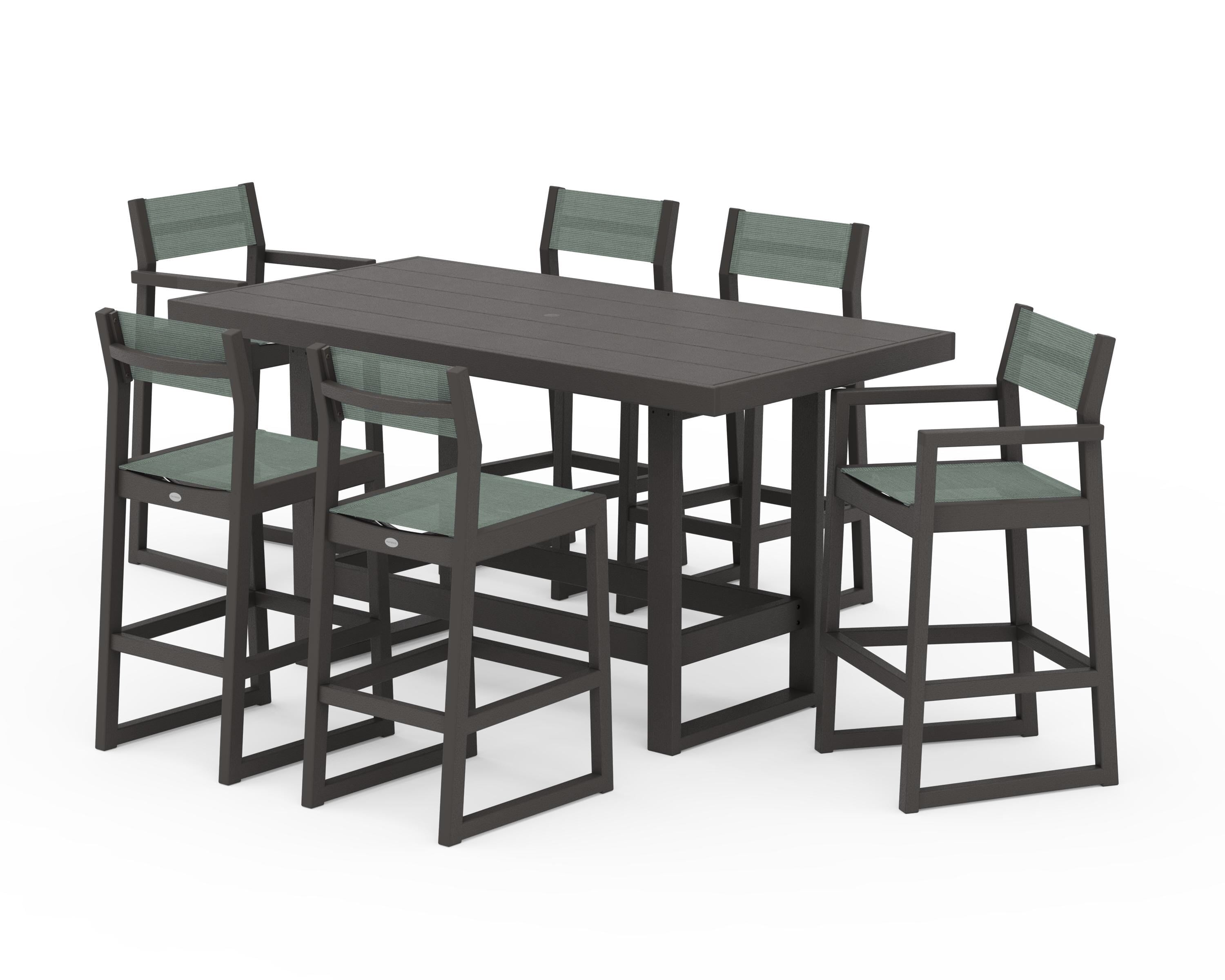 POLYWOOD EDGE Sling 7-Piece Bar Table Set in Vintage Coffee / Dupioni Sea Mist Sling