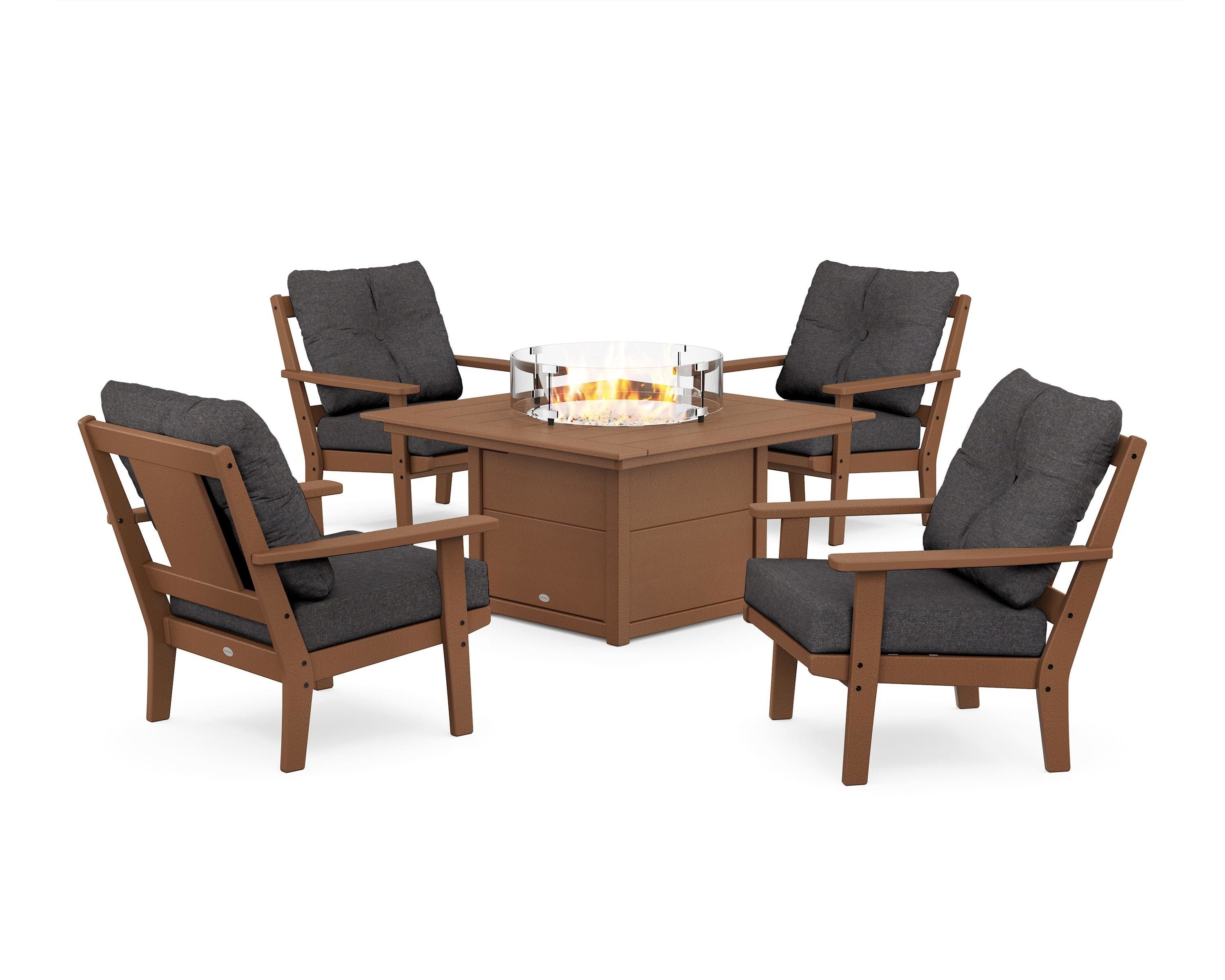 POLYWOOD Prairie 5-Piece Deep Seating Set with Fire Pit Table in Teak / Ash Charcoal