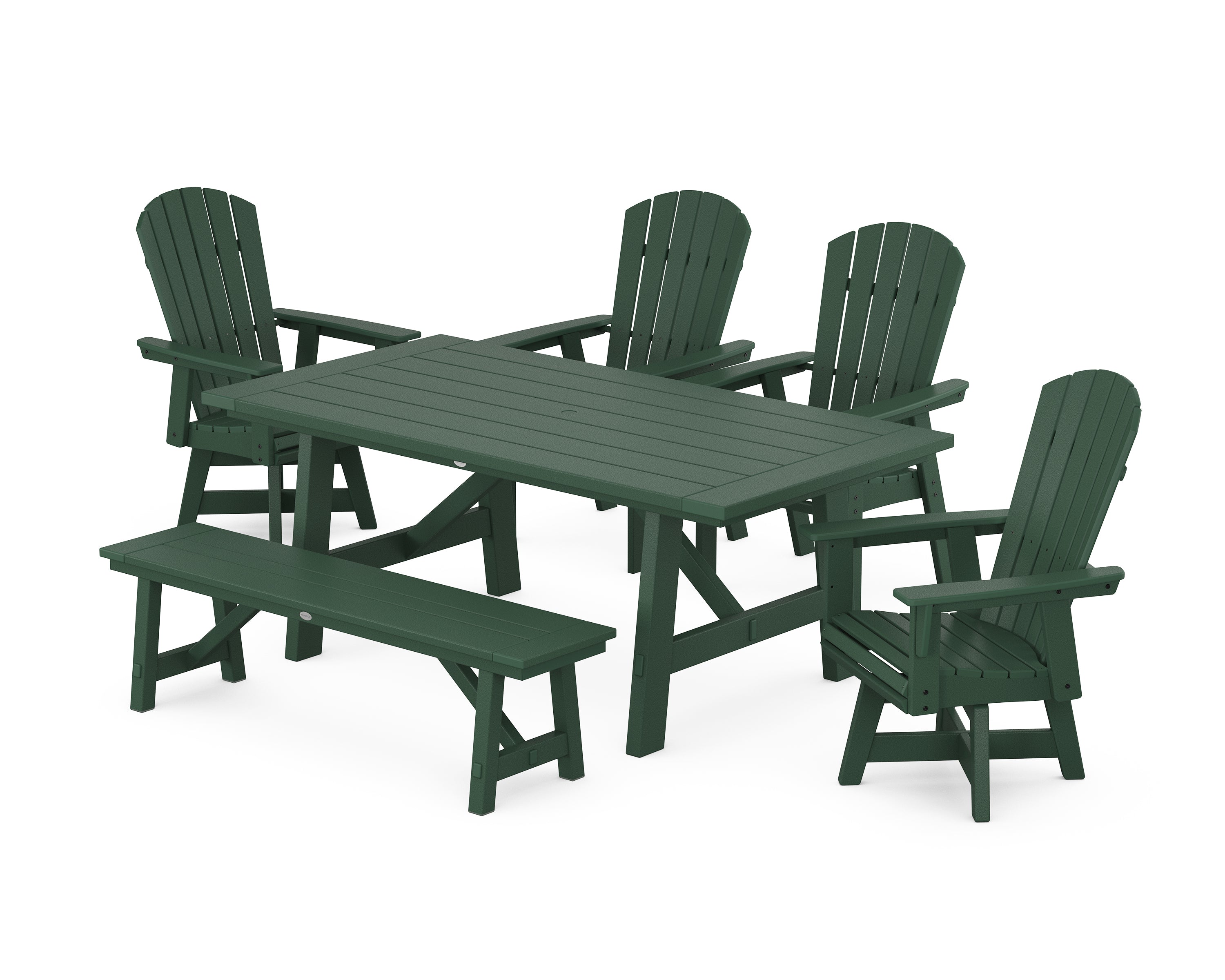 POLYWOOD® Nautical Adirondack Swivel 6-Piece Rustic Farmhouse Dining Set With Trestle Legs in Green