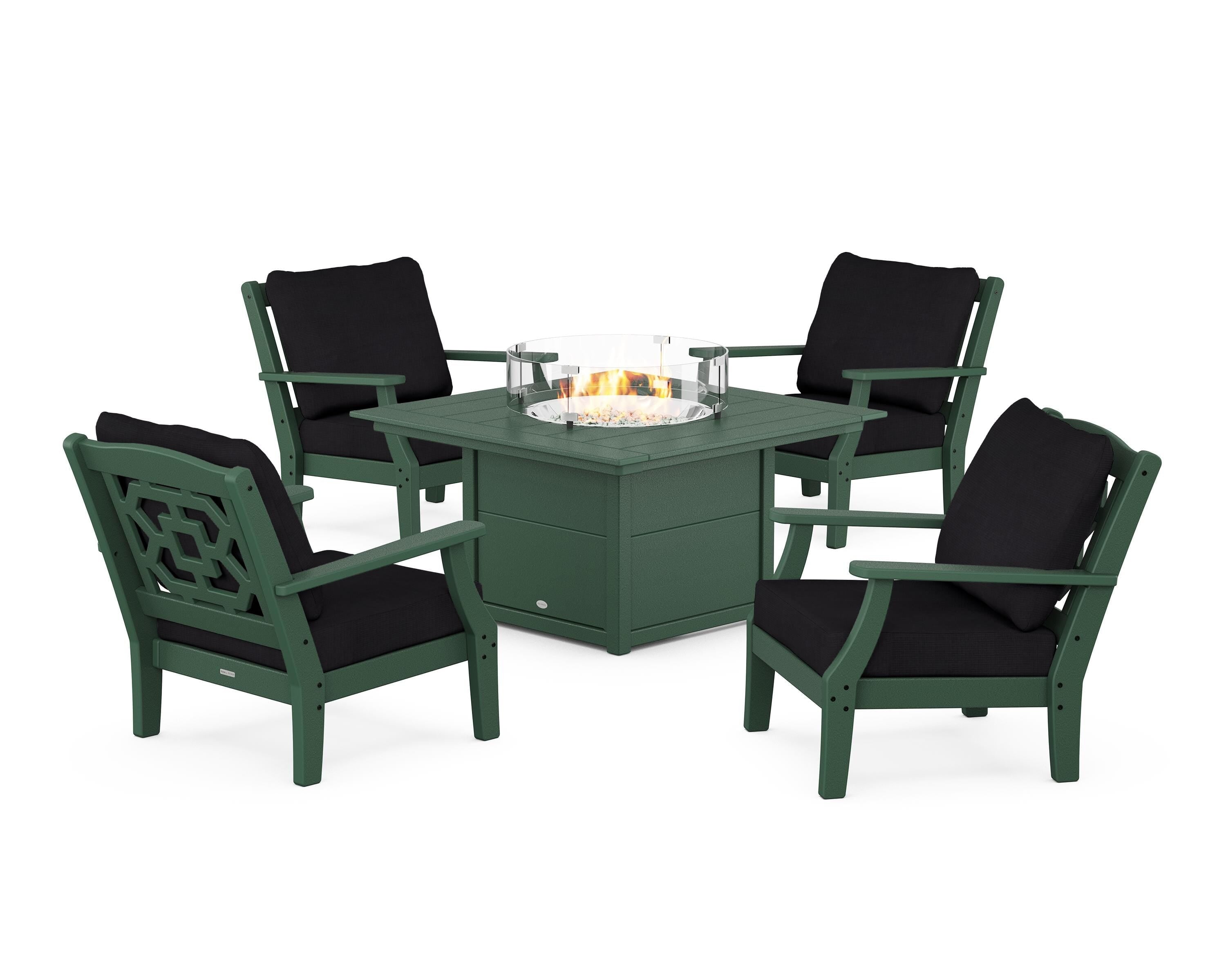 Martha Stewart by POLYWOOD Chinoiserie 5-Piece Deep Seating Set with Fire Pit Table in Green / Midnight Linen