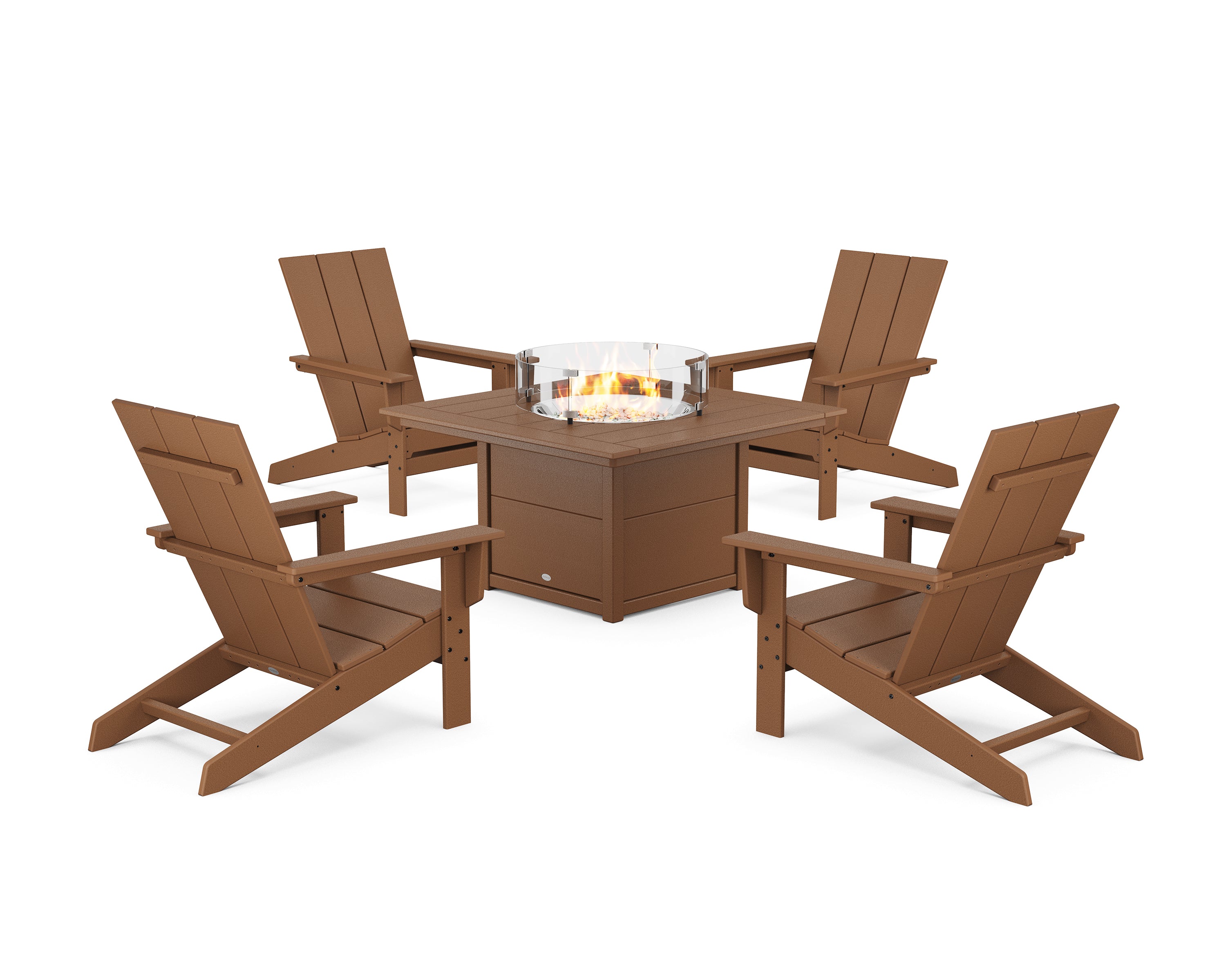 POLYWOOD® 5-Piece Modern Studio Adirondack Conversation Set with Fire Pit Table in Teak