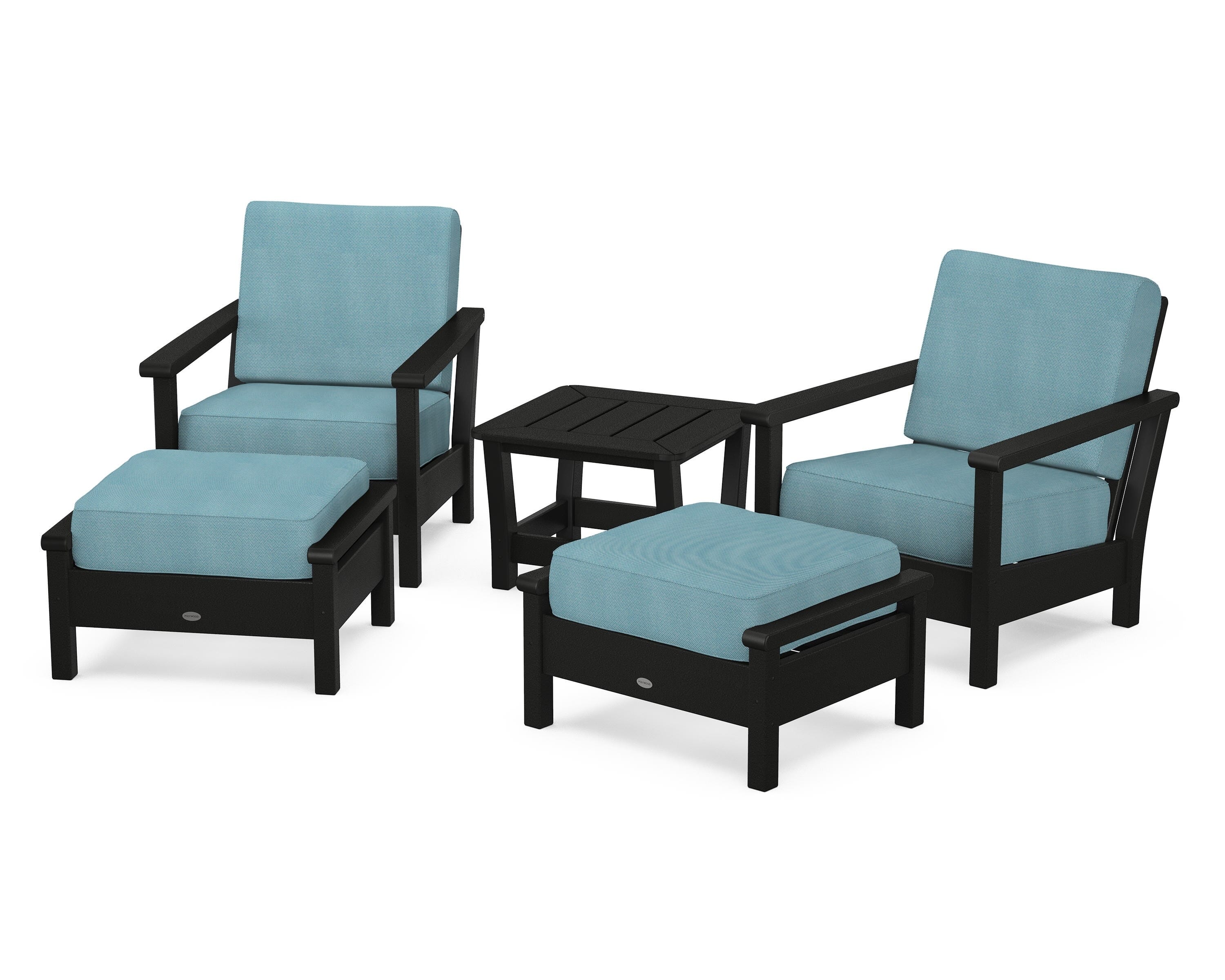 POLYWOOD Harbour 5-Piece Deep Seating Chair Set in Black / Lattice Sky Blue