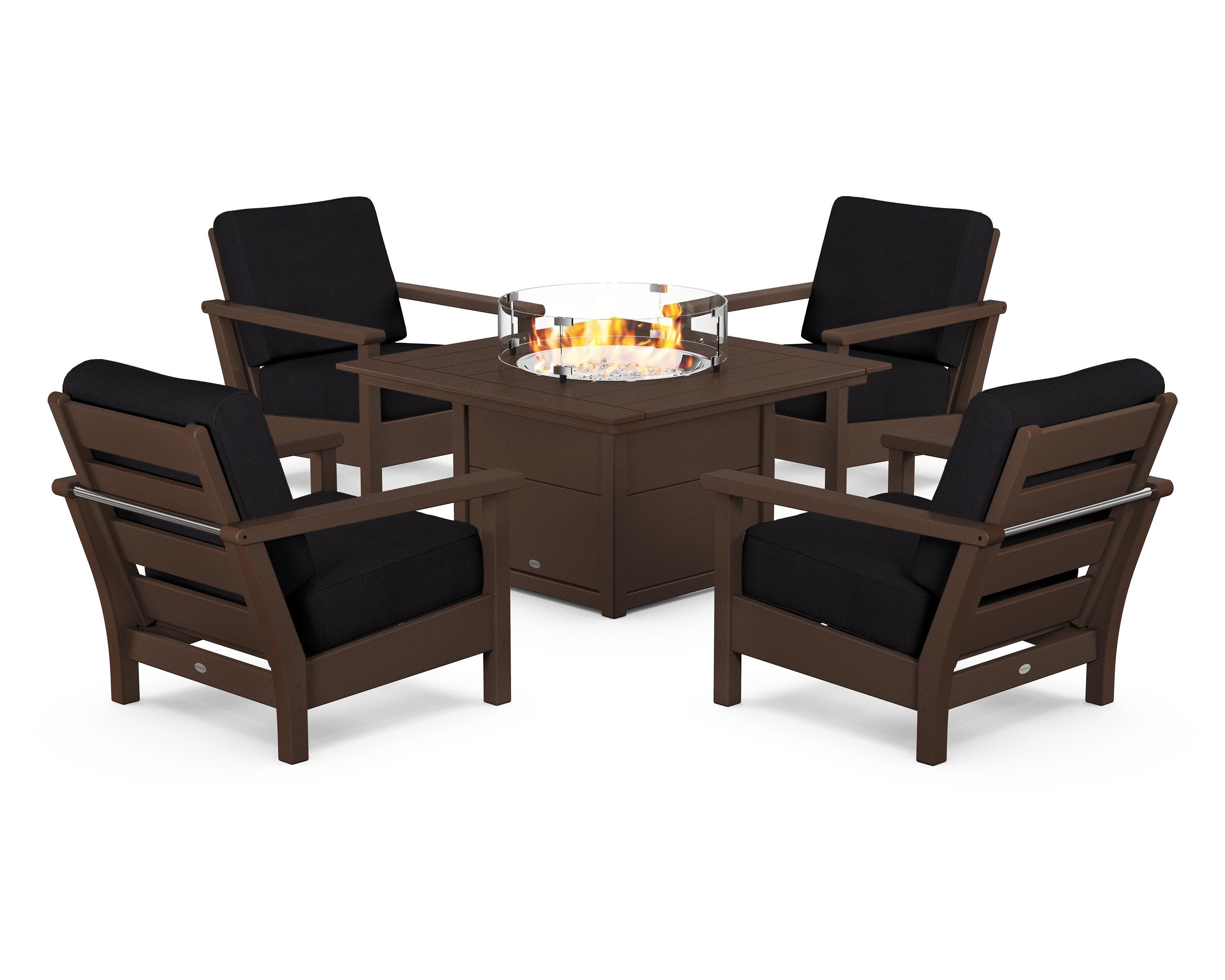 POLYWOOD Harbour 5-Piece Conversation Set with Fire Pit Table in Mahogany / Midnight Linen