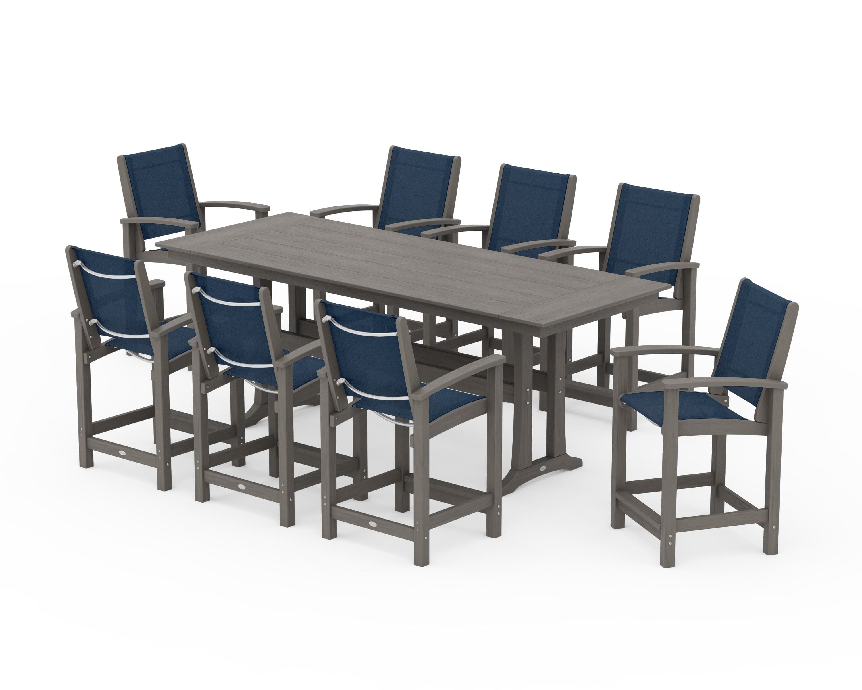 POLYWOOD Coastal 9-Piece Farmhouse Counter Set with Trestle Legs in Driftwood / Navy Blue Sling