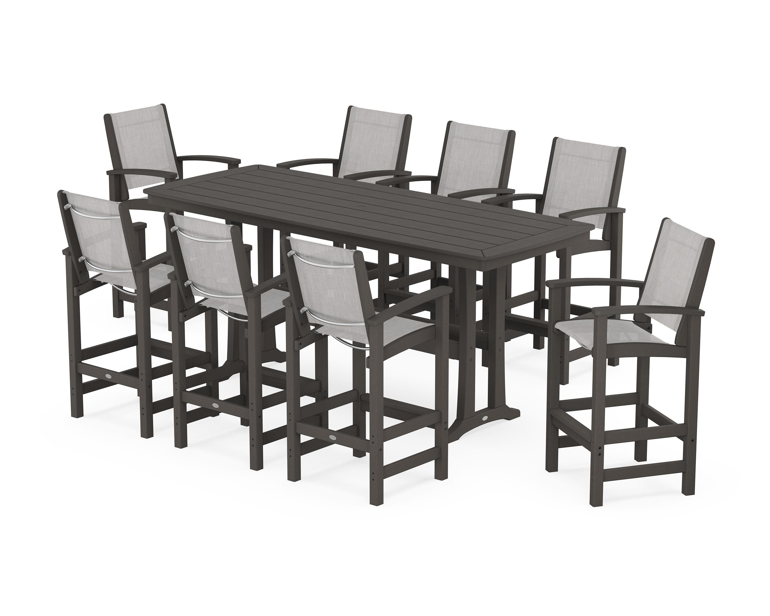 POLYWOOD Coastal 9-Piece Bar Set with Trestle Legs in Vintage Coffee / Parchment Sling
