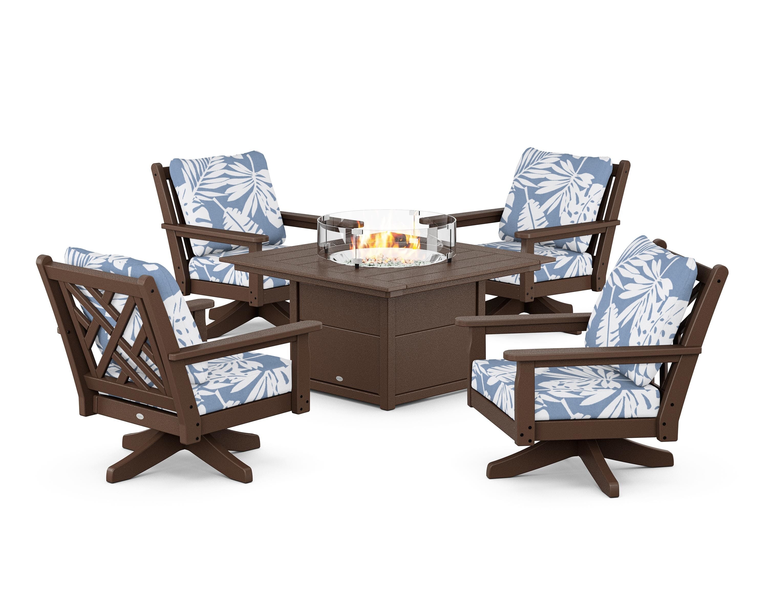 POLYWOOD Chippendale 5-Piece Deep Seating Swivel Conversation Set with Fire Pit Table in Mahogany / Leaf Sky Blue