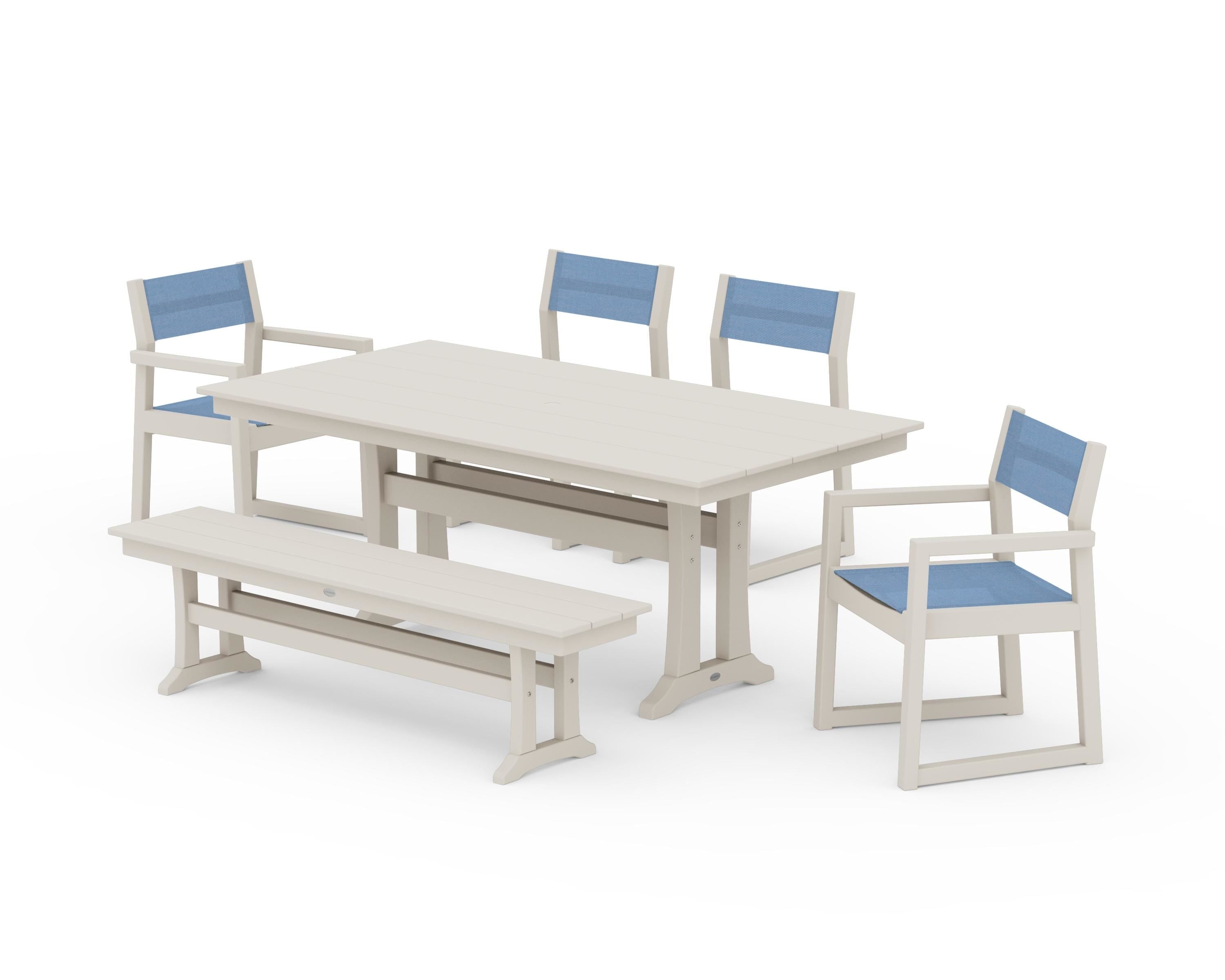 POLYWOOD EDGE Sling 6-Piece Farmhouse Dining Set With Trestle Legs in Sand / Poolside Sling
