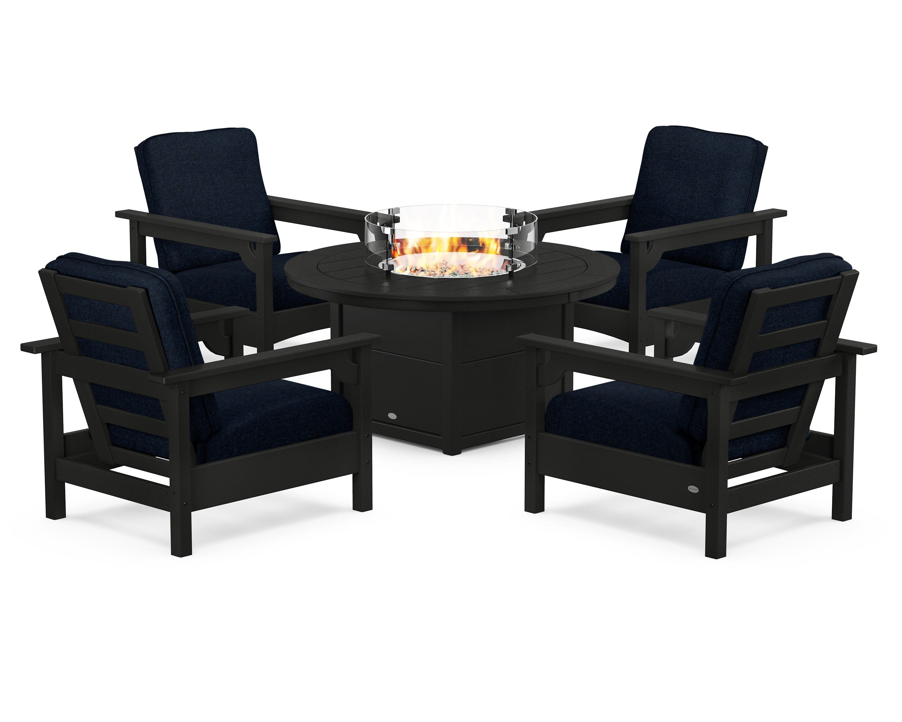 POLYWOOD Club 5-Piece Conversation Set with Fire Pit Table in Black / Marine Indigo