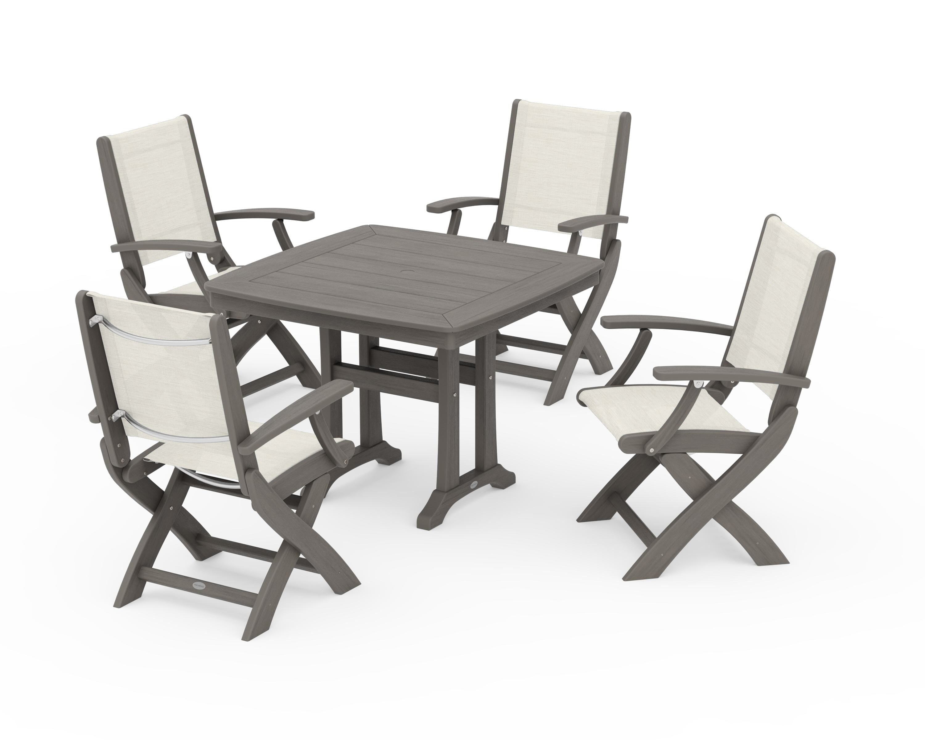 POLYWOOD Coastal Folding Chair 5-Piece Dining Set with Trestle Legs in Driftwood / Parchment Sling