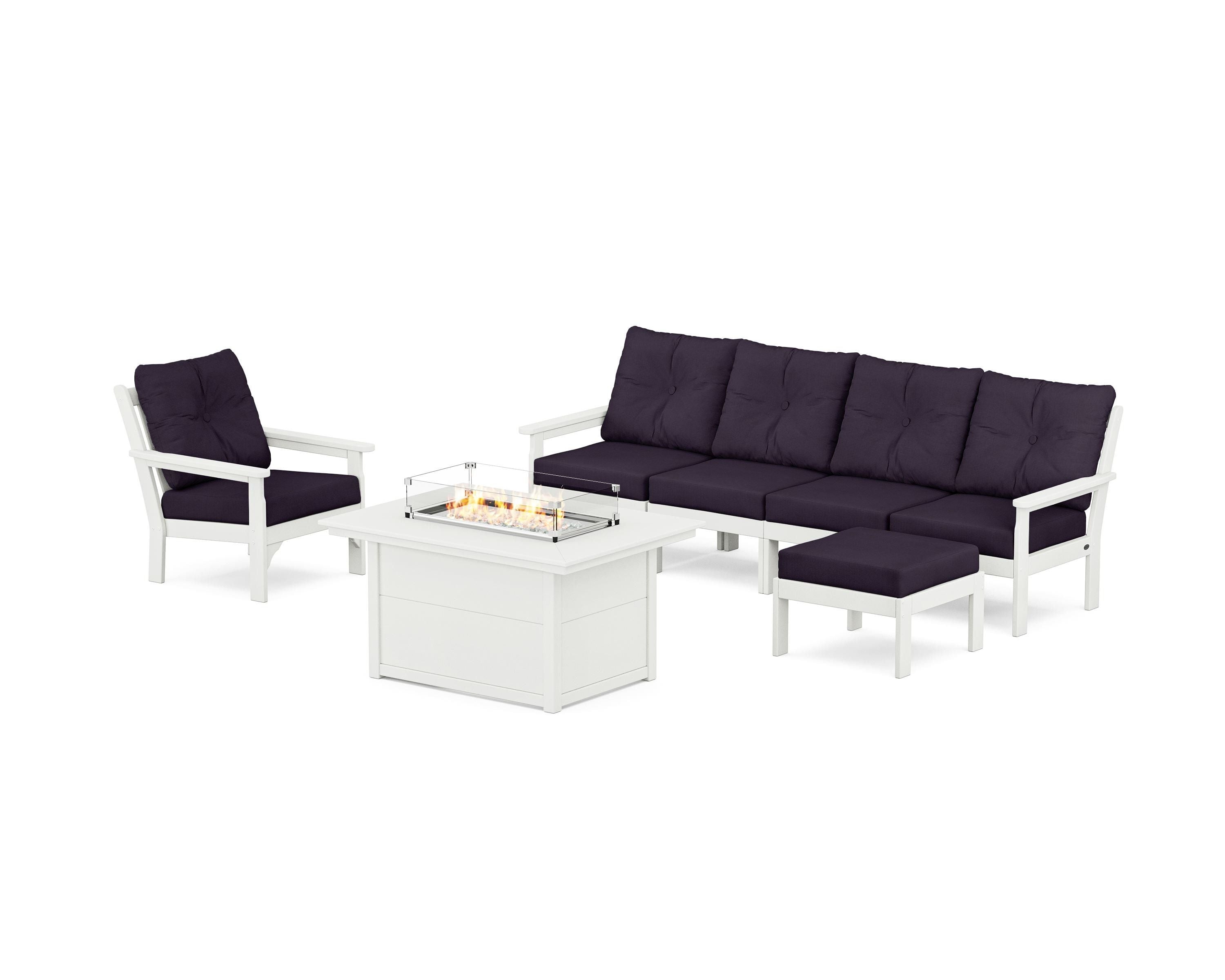 POLYWOOD Vineyard Sectional Lounge and Fire Pit Set in Vintage White / Navy Linen