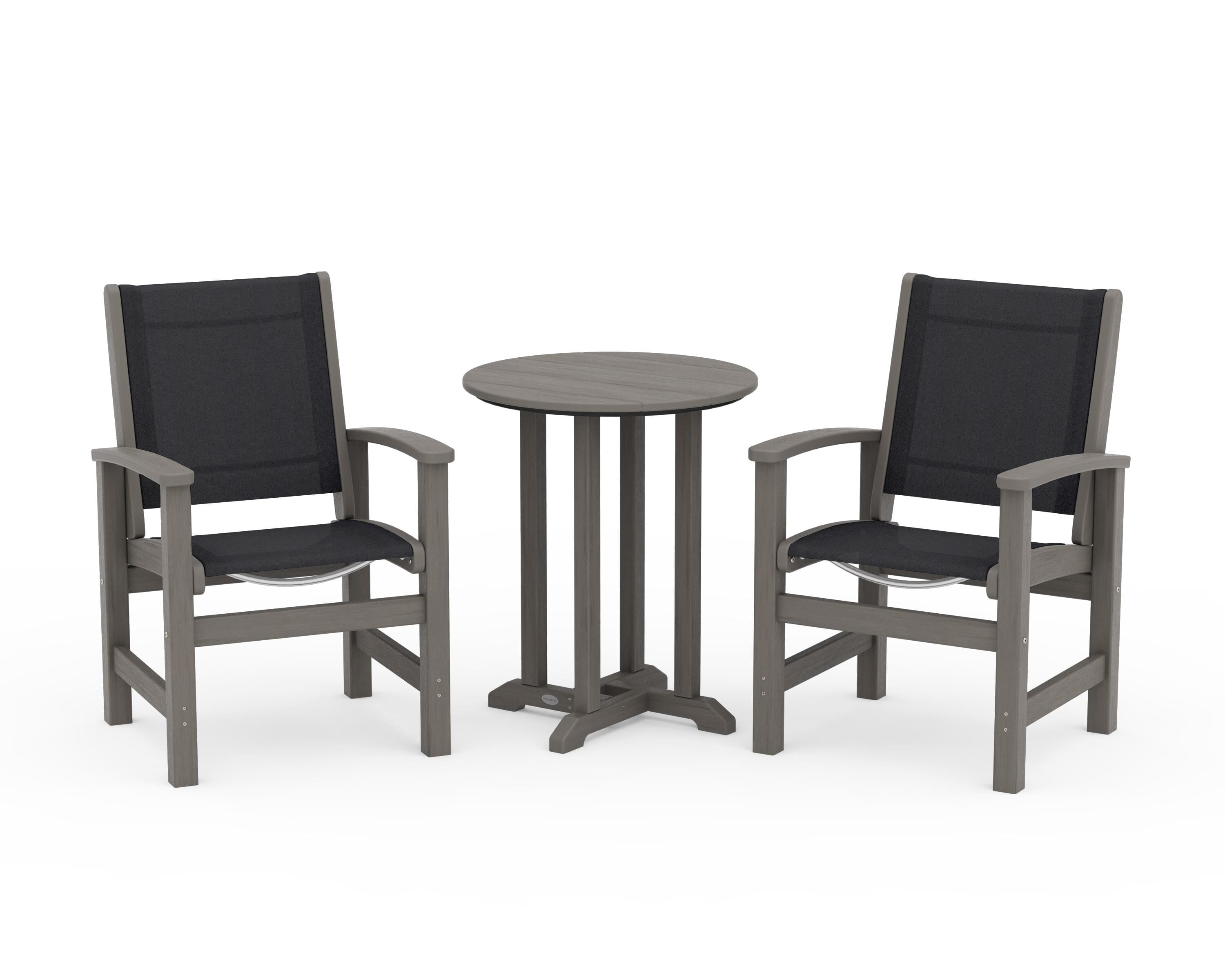POLYWOOD Coastal 3-Piece Round Bistro Dining Set in Driftwood / Black Sling