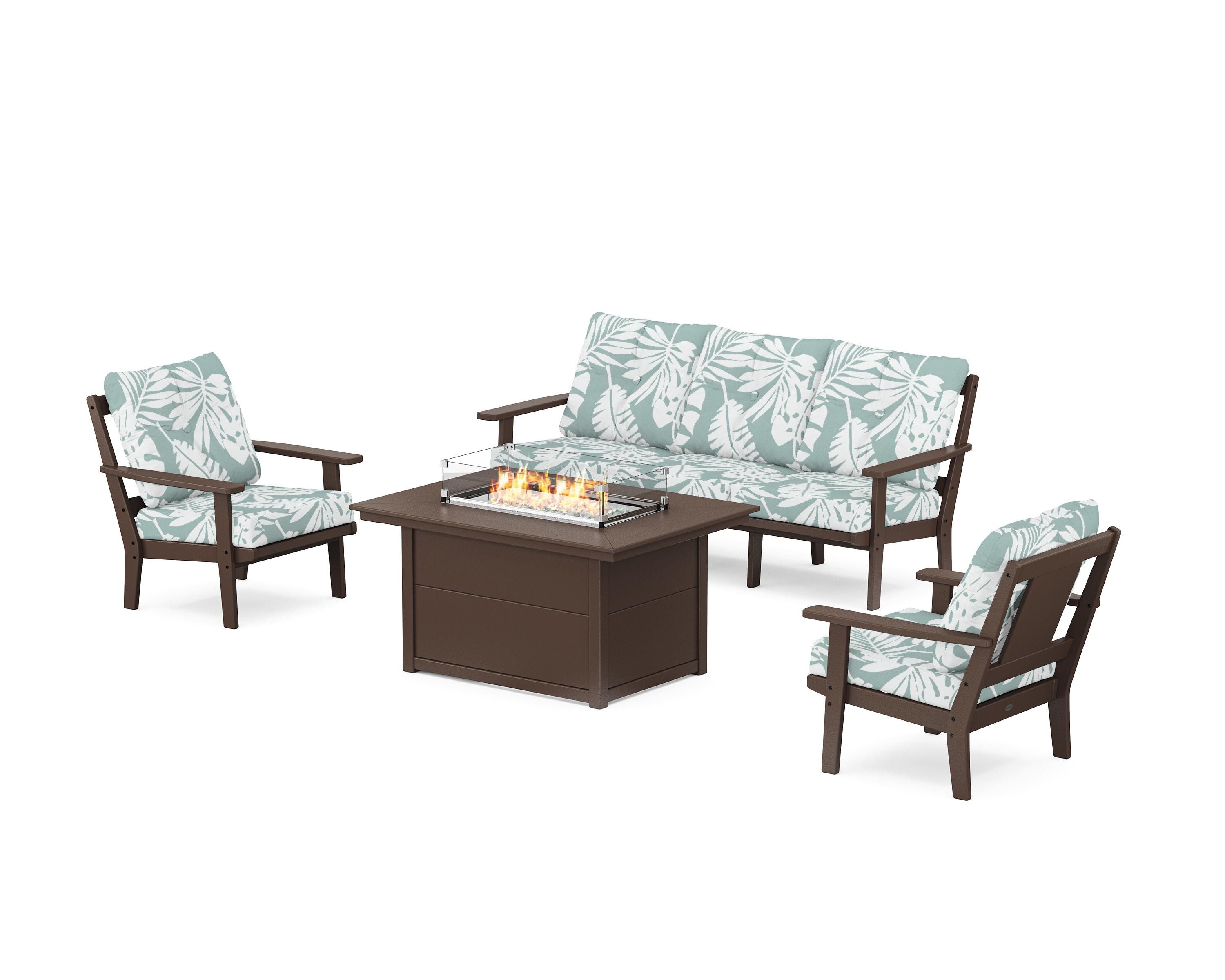 POLYWOOD Prairie Deep Seating Fire Pit Table Set in Mahogany / Leaf Glacier Spa