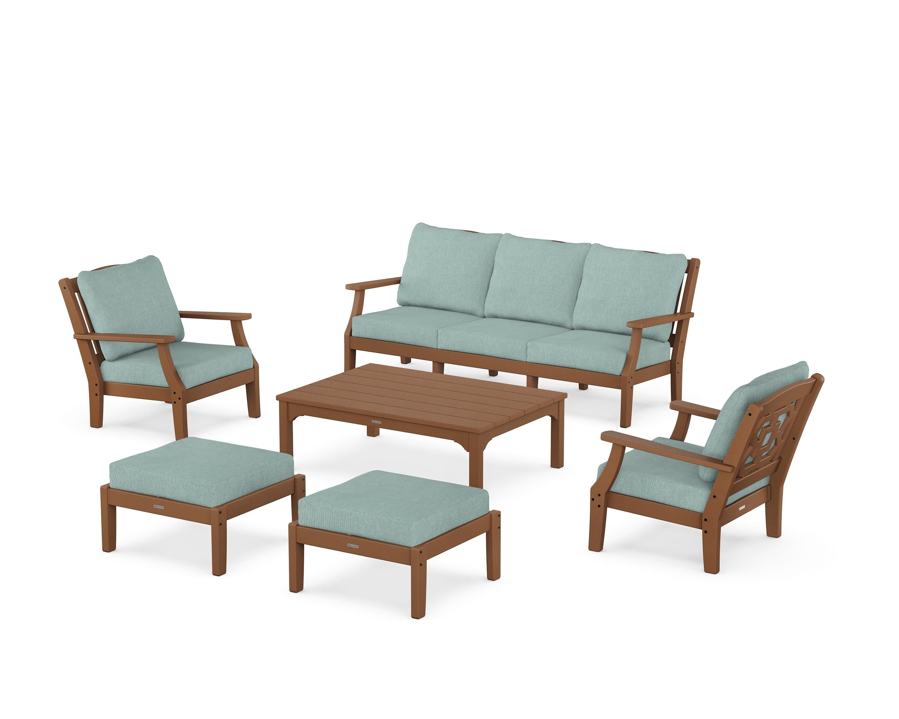 Martha Stewart by POLYWOOD Chinoiserie 6-Piece Lounge Sofa Set in Teak / Glacier Spa