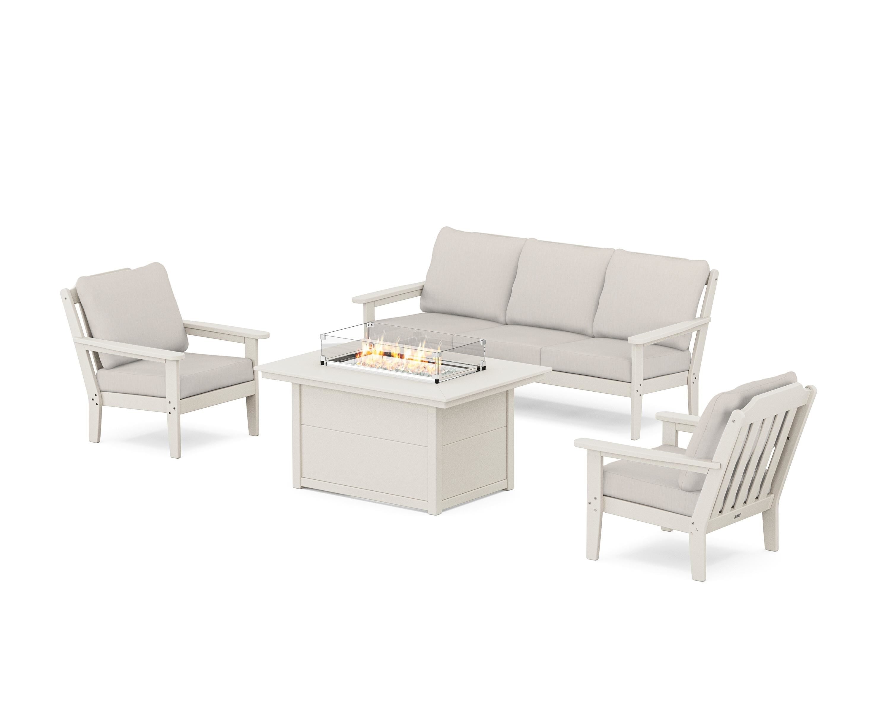 Country Living Cottage Deep Seating Fire Pit Table Set in Sand / Cast Ash