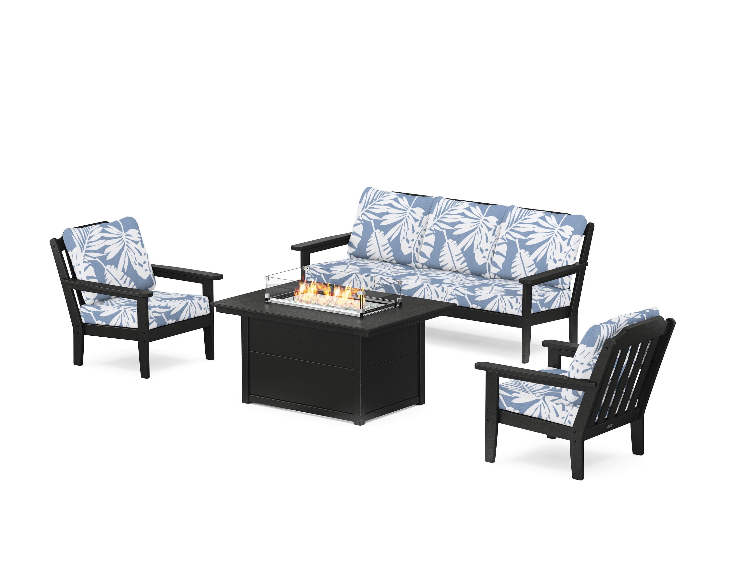 Country Living Cottage Deep Seating Fire Pit Table Set in Black / Leaf Sky Blue