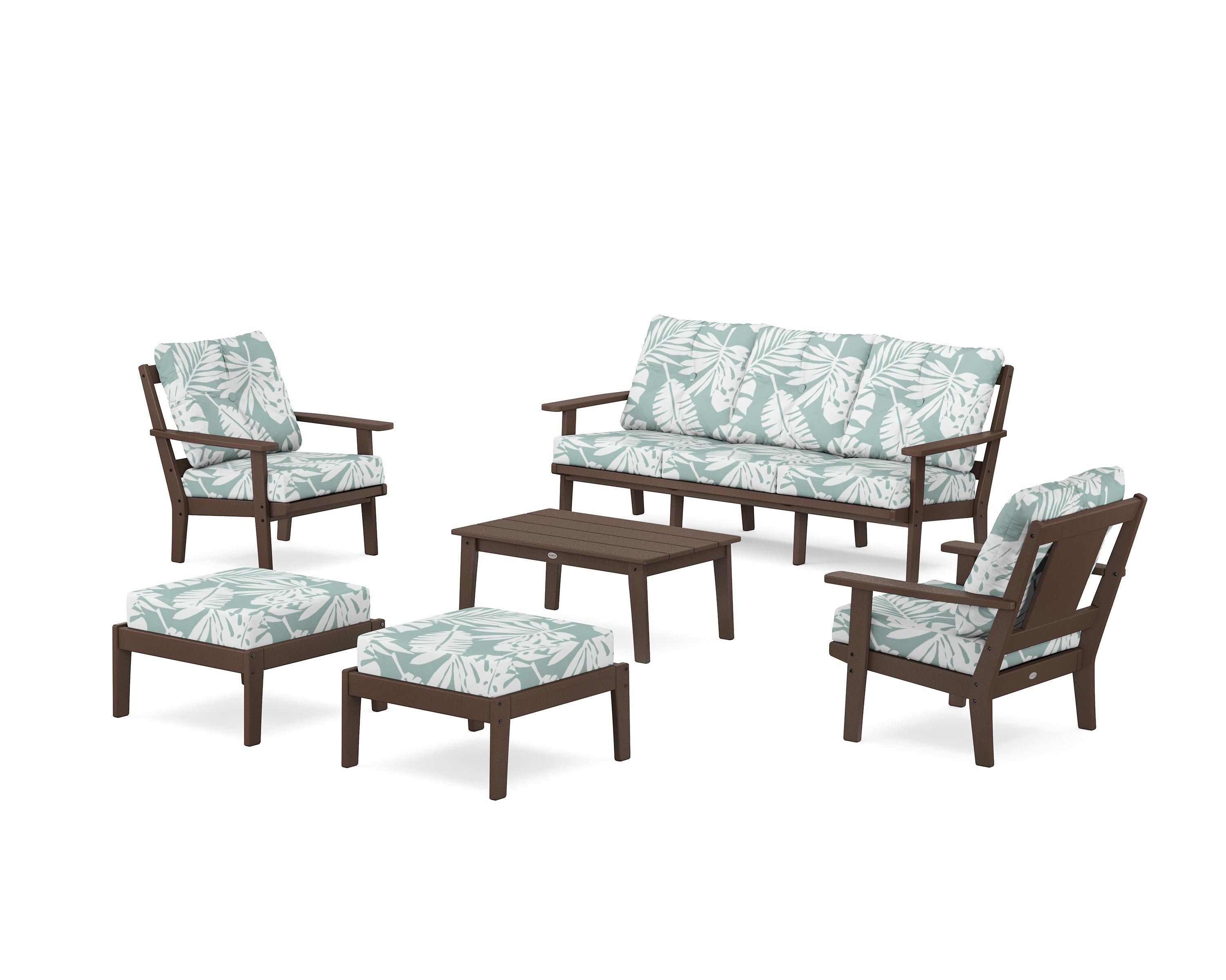 POLYWOOD Prairie 6-Piece Lounge Sofa Set in Mahogany / Leaf Glacier Spa
