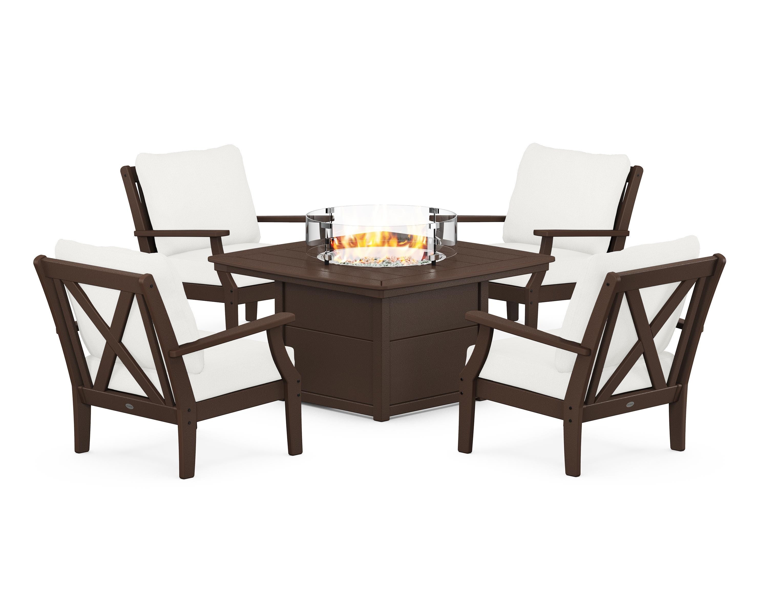POLYWOOD Braxton 5-Piece Deep Seating Conversation Set with Fire Pit Table in Mahogany / Natural Linen
