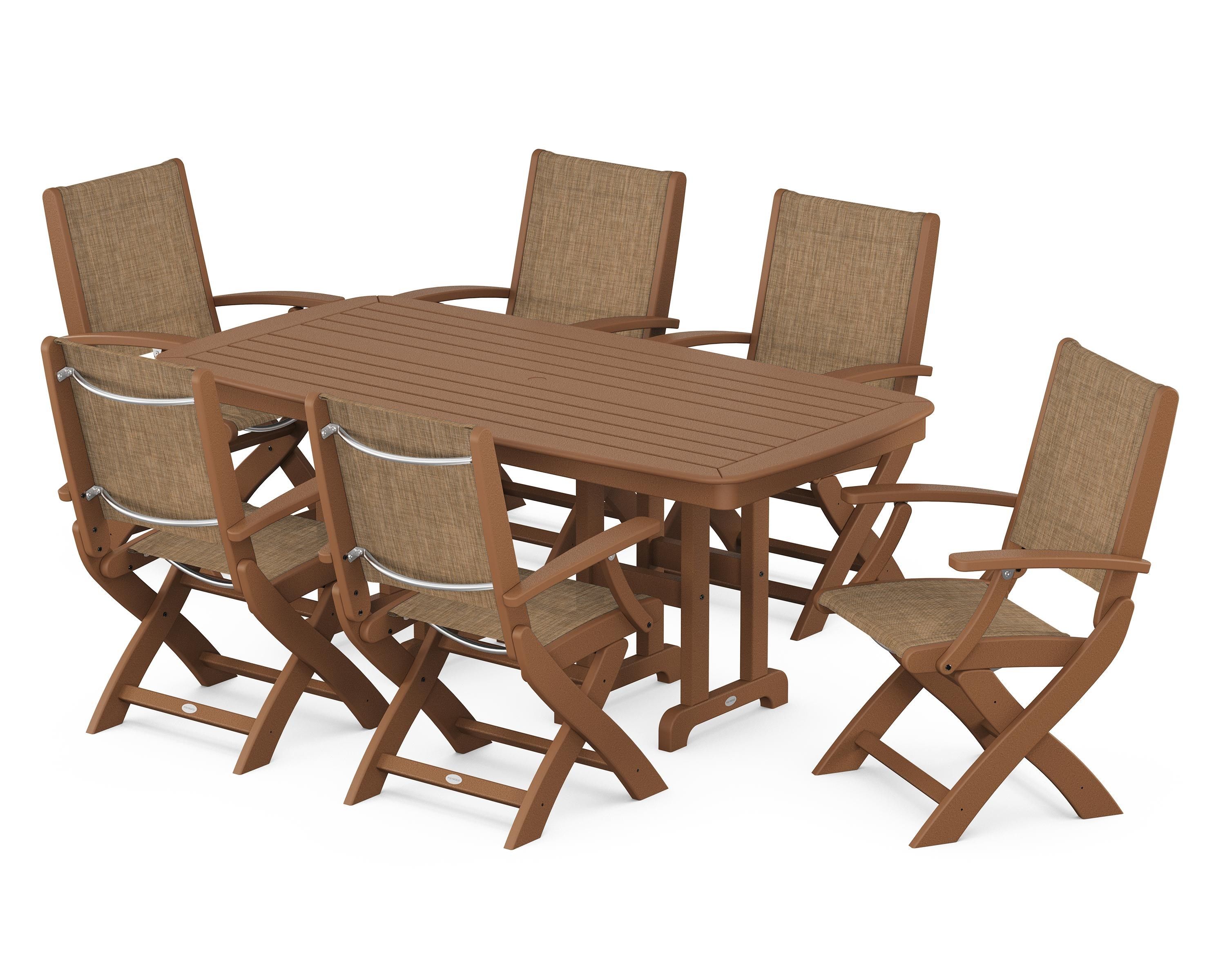 POLYWOOD Coastal Folding Arm Chair 7-Piece Dining Set in Teak / Burlap Sling