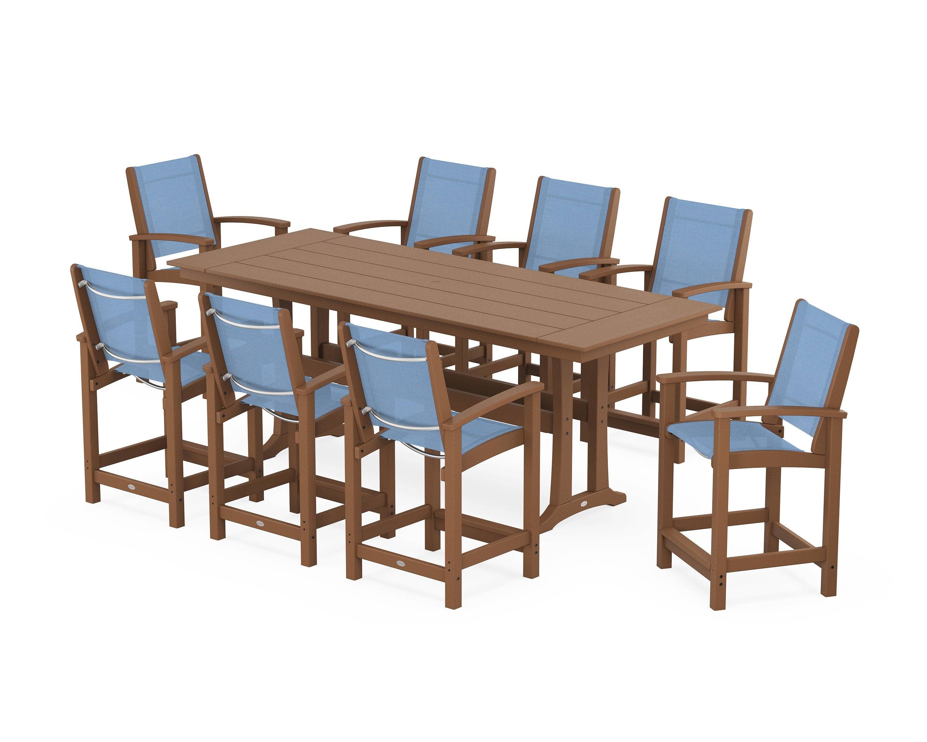 POLYWOOD Coastal 9-Piece Farmhouse Counter Set with Trestle Legs in Teak / Poolside Sling
