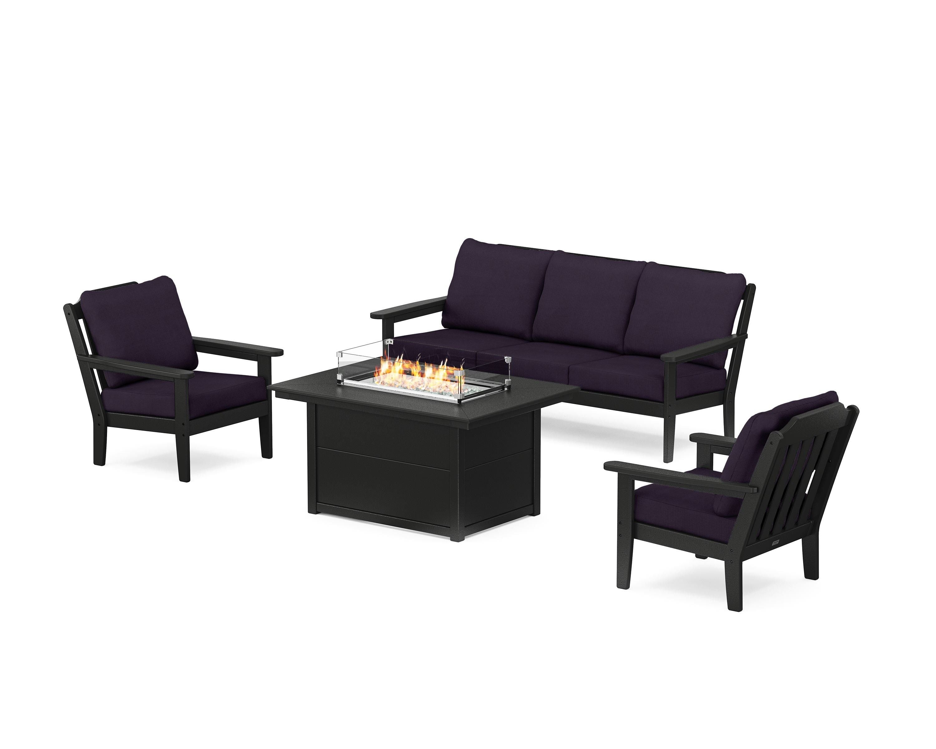 Country Living Cottage Deep Seating Fire Pit Table Set in Black / Navy Linen