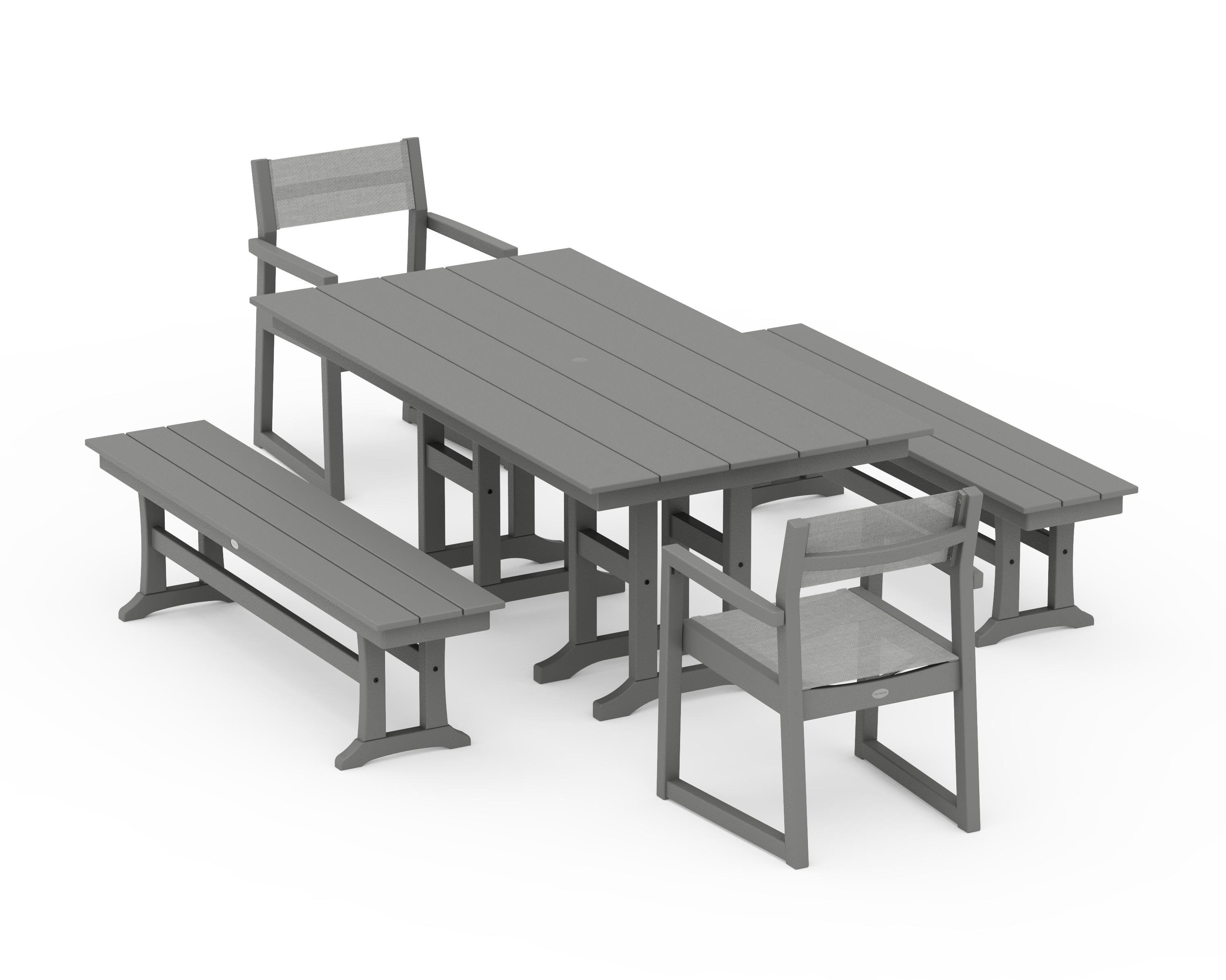 POLYWOOD EDGE Sling Arm Chair 5-Piece Farmhouse Dining Set with Benches in Slate Grey / Metallic Sling