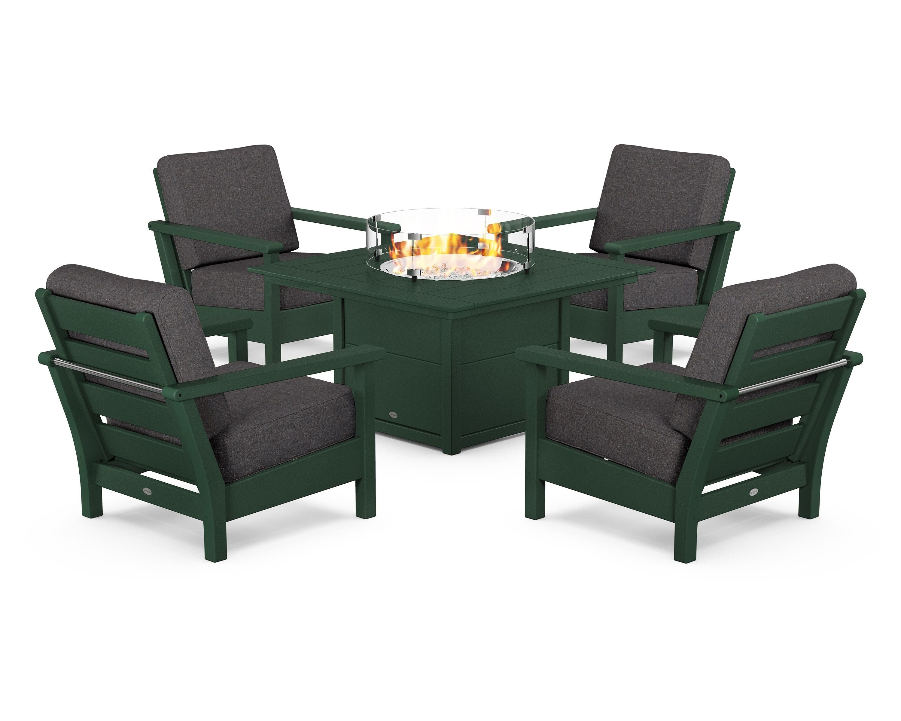 POLYWOOD Harbour 5-Piece Conversation Set with Fire Pit Table in Green / Ash Charcoal
