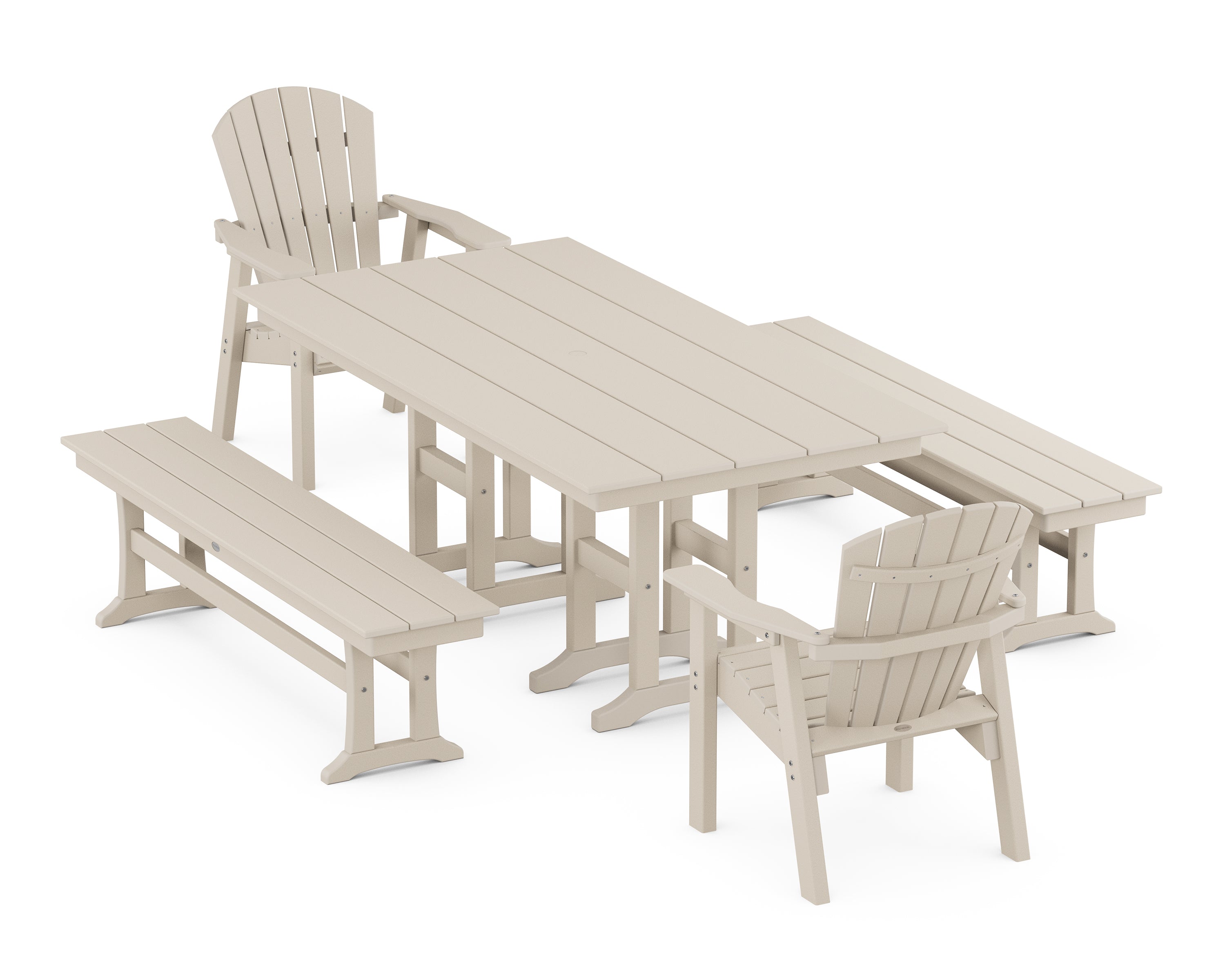 POLYWOOD® Seashell 5-Piece Farmhouse Dining Set with Benches in Sand