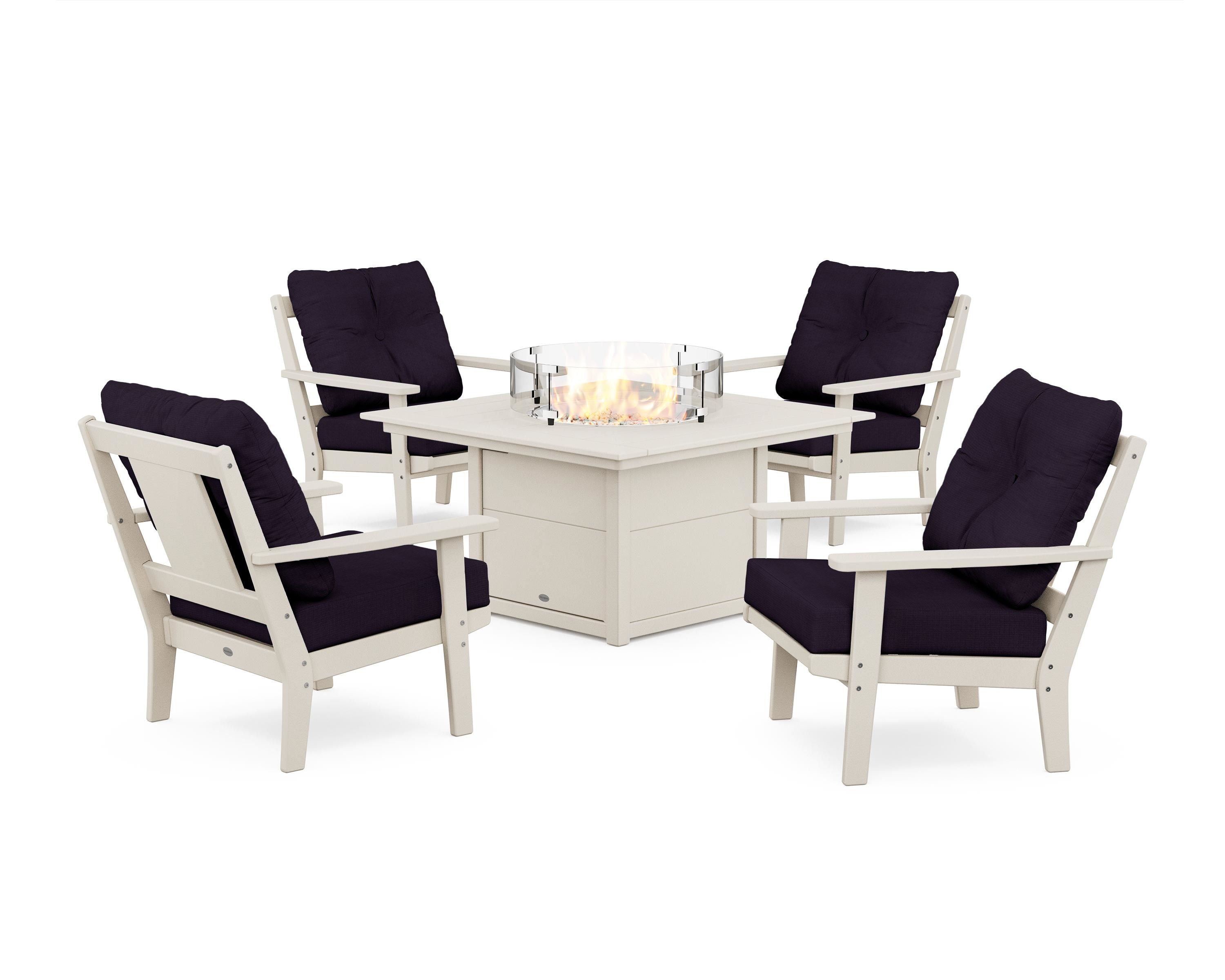 POLYWOOD Prairie 5-Piece Deep Seating Set with Fire Pit Table in Sand / Navy Linen