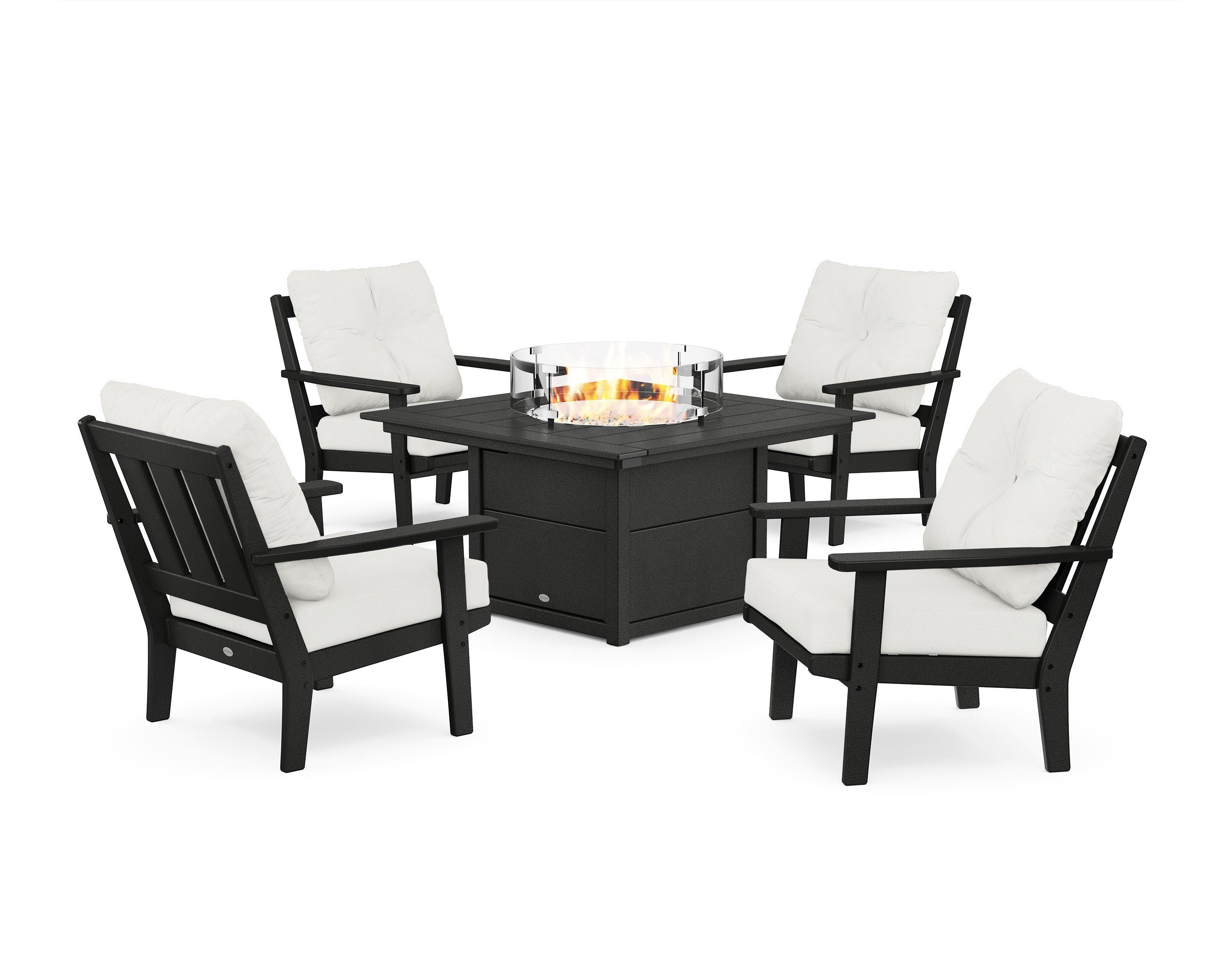 POLYWOOD Oxford 5-Piece Deep Seating Set with Fire Pit Table in Black / Natural Linen