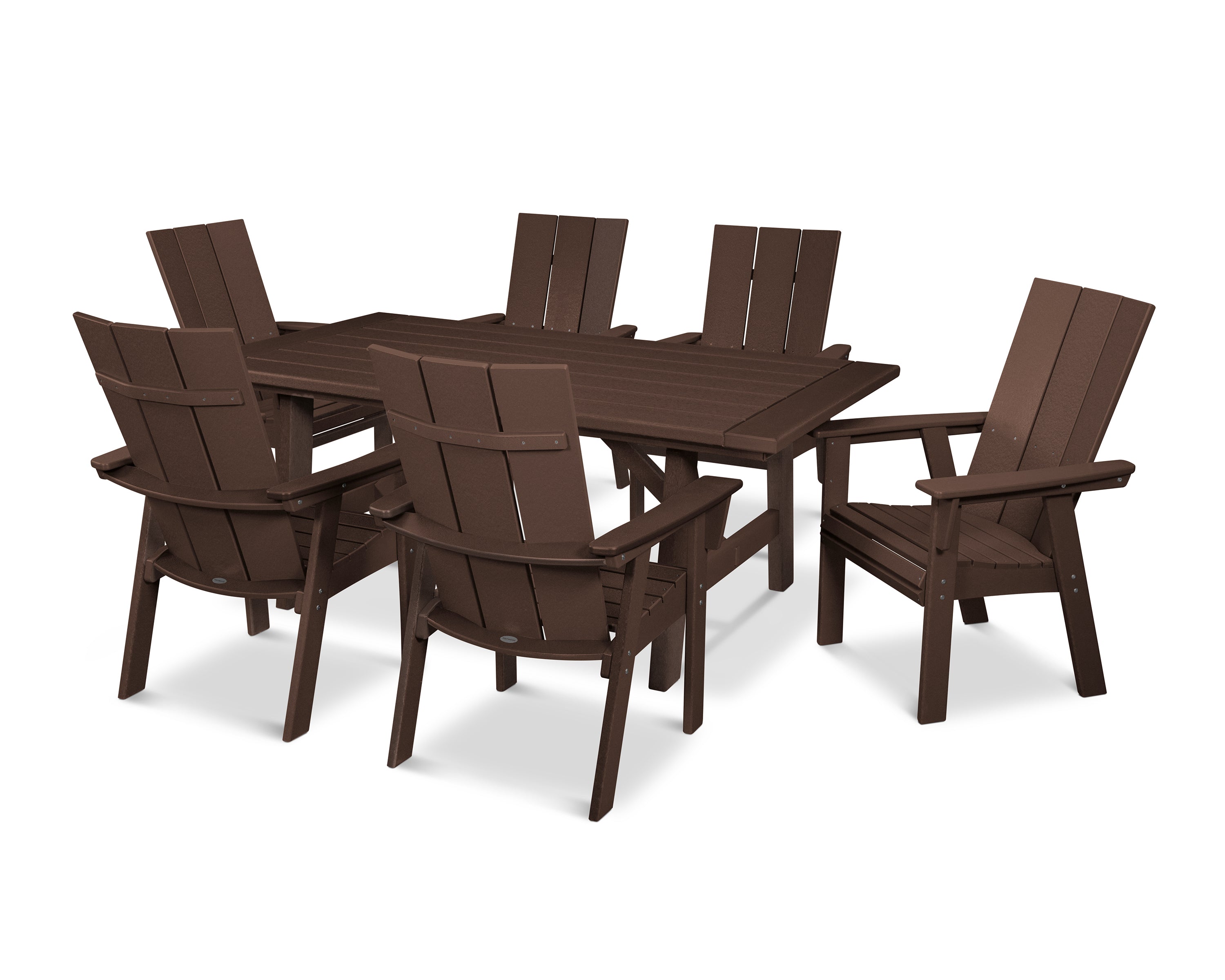 POLYWOOD® Modern Curveback Adirondack 7-Piece Rustic Farmhouse Dining Set in Mahogany