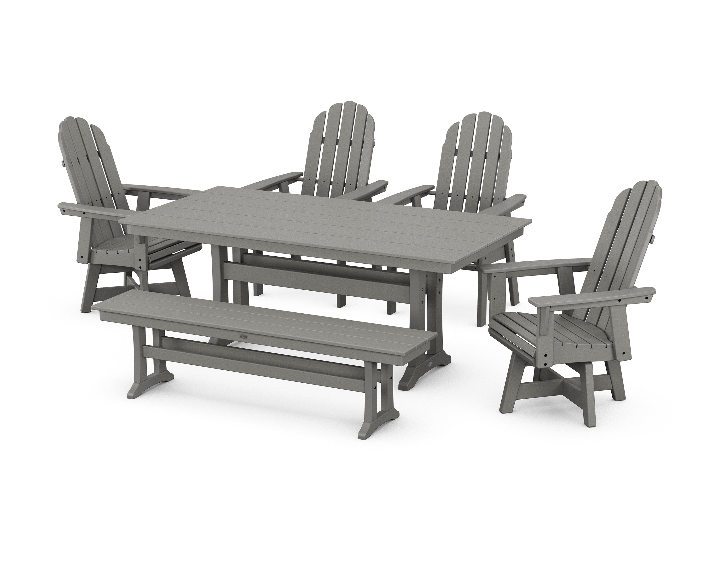 POLYWOOD® Vineyard Curveback Adirondack 6-Piece Swivel Chair Farmhouse Dining Set with Trestle Legs and Bench in Slate Grey