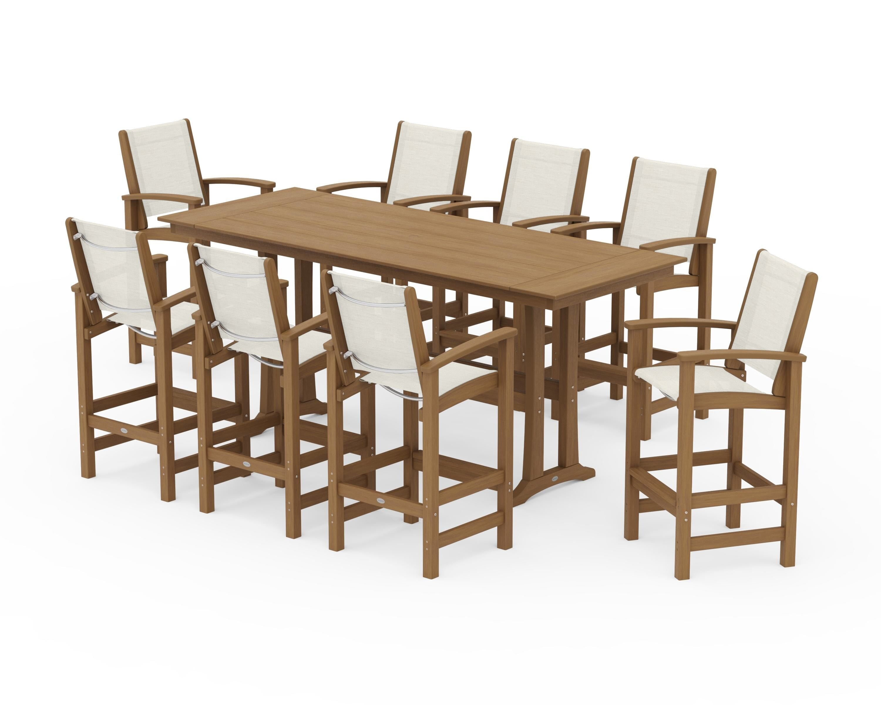 POLYWOOD Coastal 9-Piece Farmhouse Bar Set with Trestle Legs in Natural / Parchment Sling